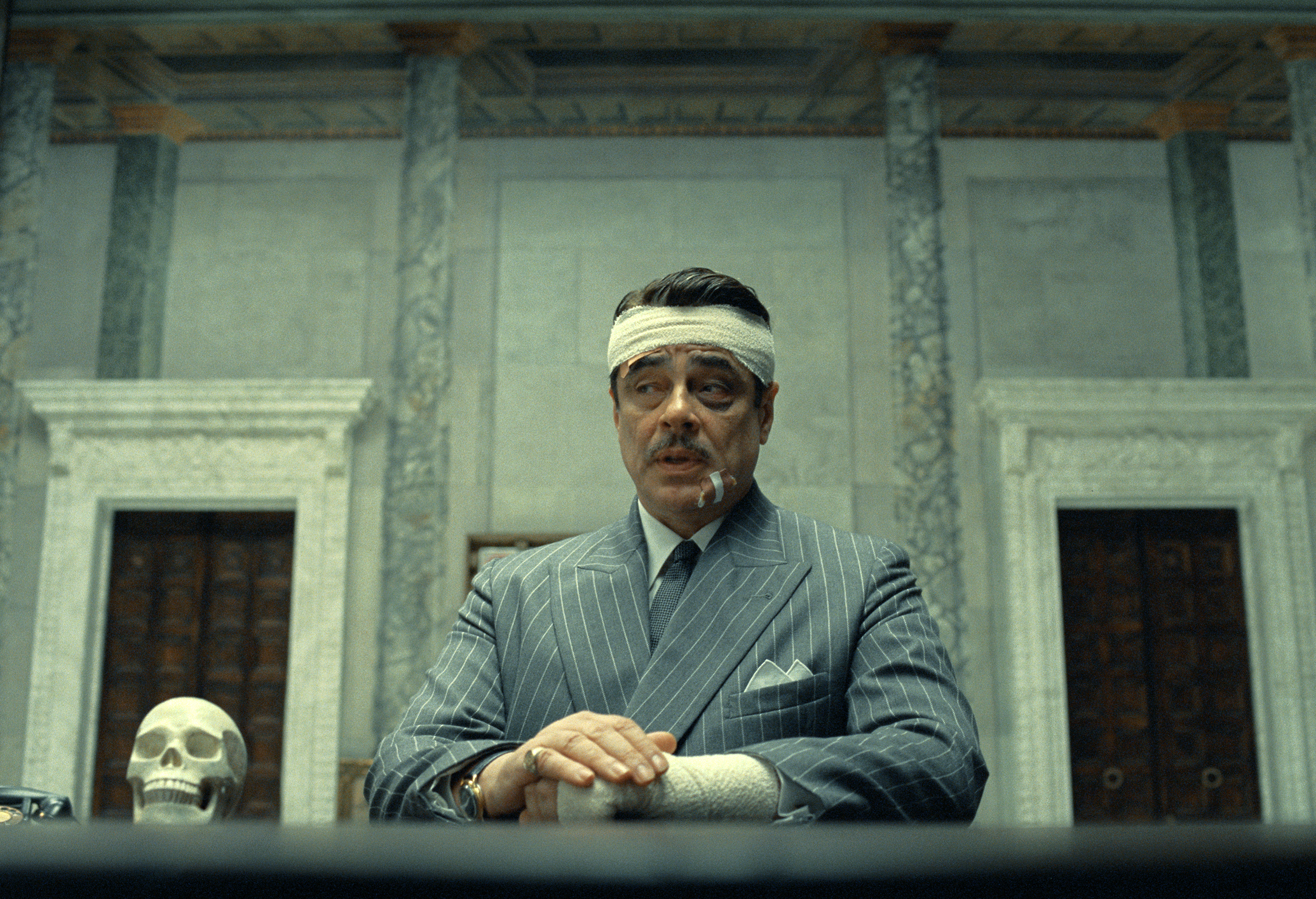 This image released by Focus Features shows Benicio Del Toro in a scene from "The Phoenician Scheme." (TPS Productions/Focus Features via AP)