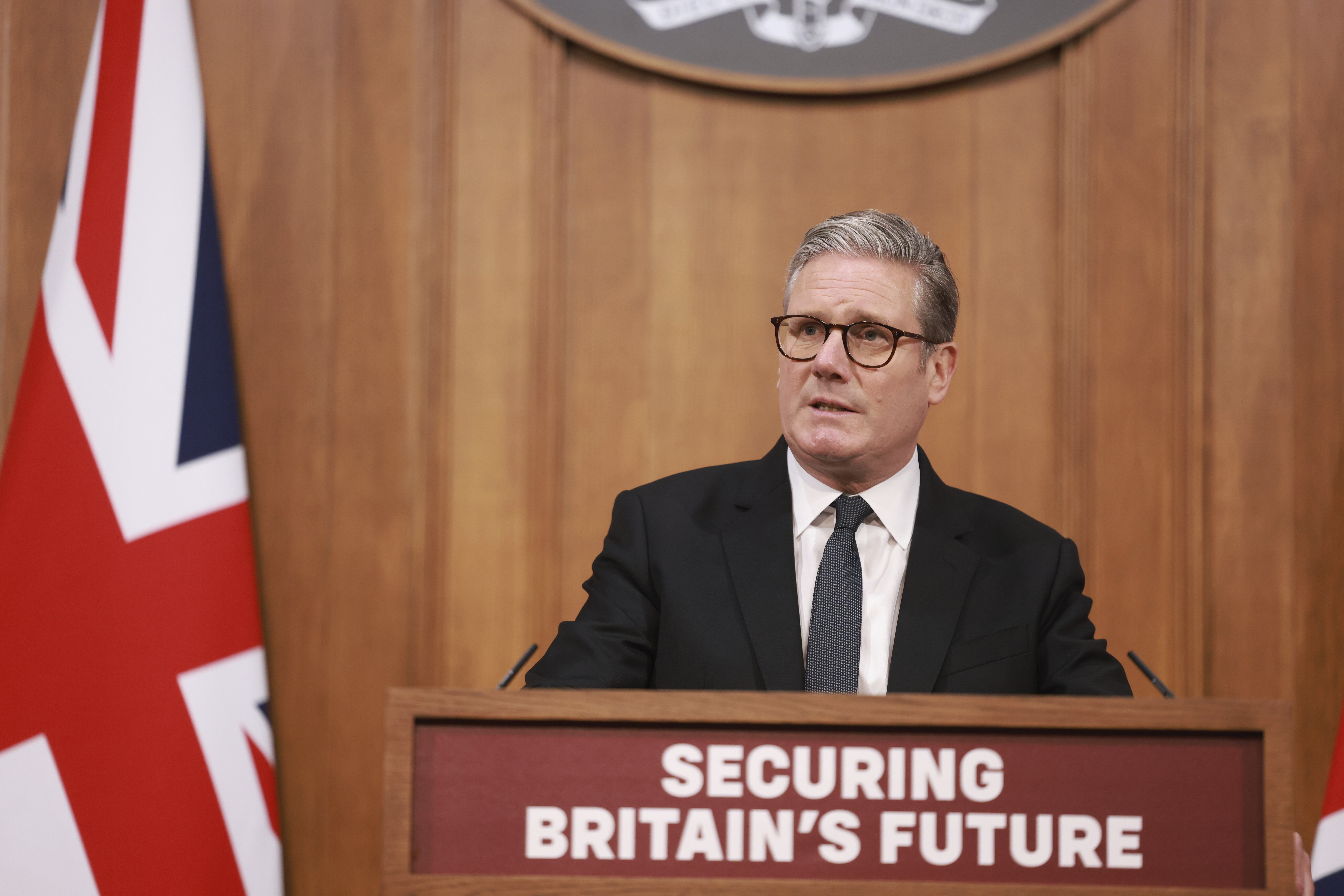 Britain's Prime Minister Keir Starmer speaks during a press conference, ahead of the publication of the government’s Immigration White Paper, in London, Monday, May 12, 2025. (Ian Vogler, Pool Photo via AP)