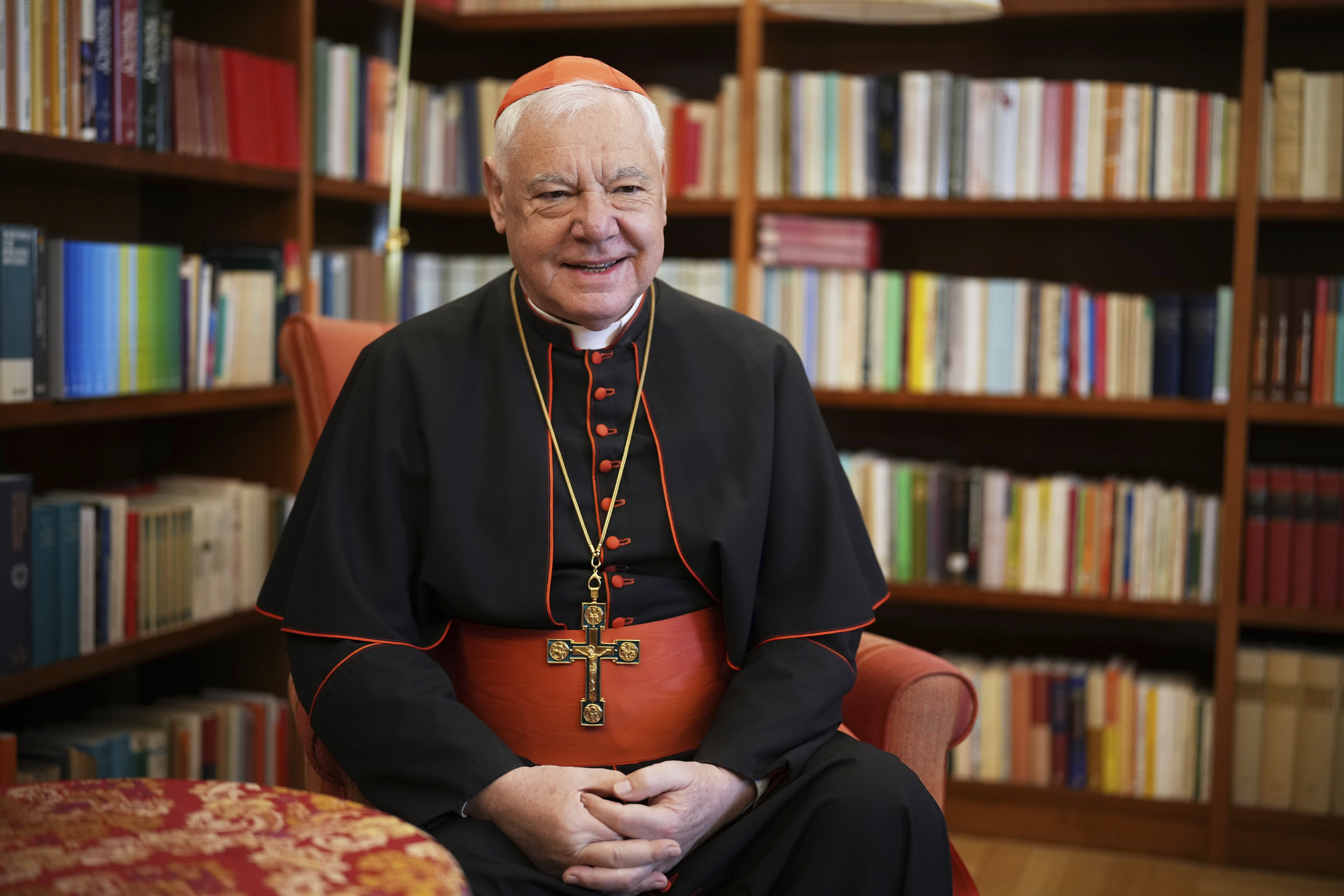 Cardinal Gerhard Ludwig Müller answers questions during an interview with The Associated Press at the Vatican on Monday, May 12, 2025. (AP Photo/Andrew Medichini)