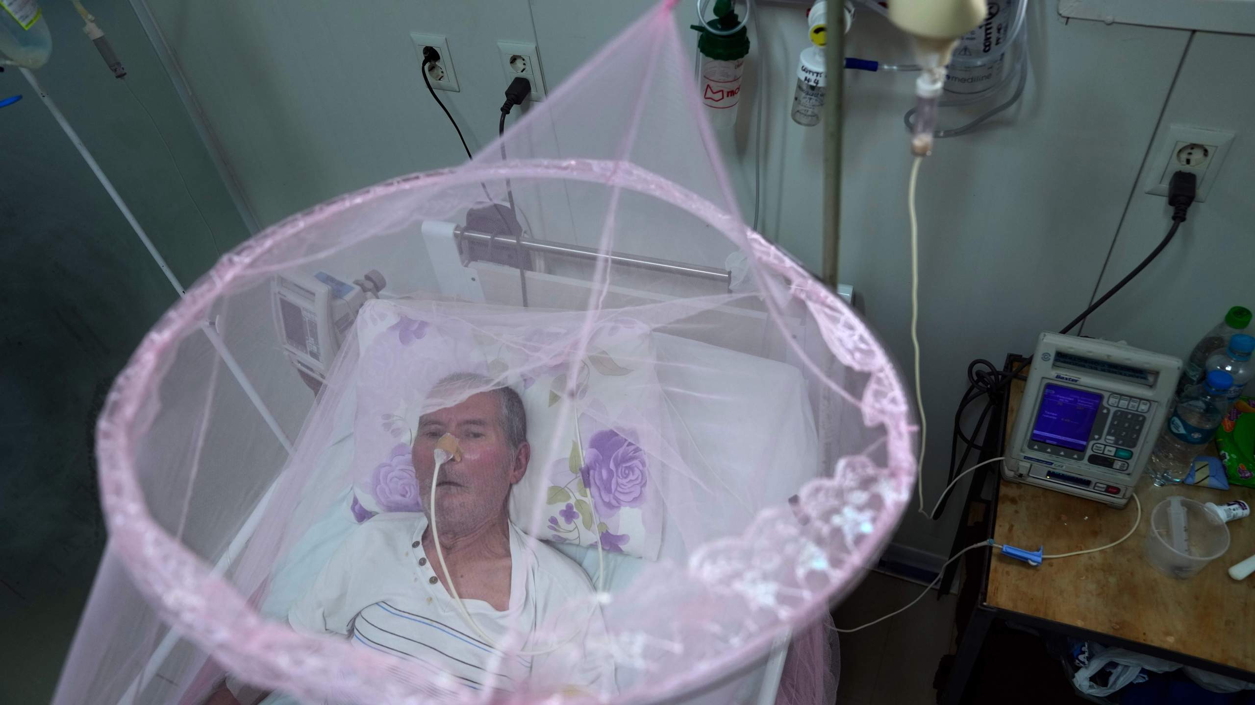 FILE - A patient infected with chikungunya looks out from mosquito netting at the Clinicas Hospital in San Lorenzo, Paraguay, Friday, March 3, 2023. (AP Photo/Jorge Saenz, file)