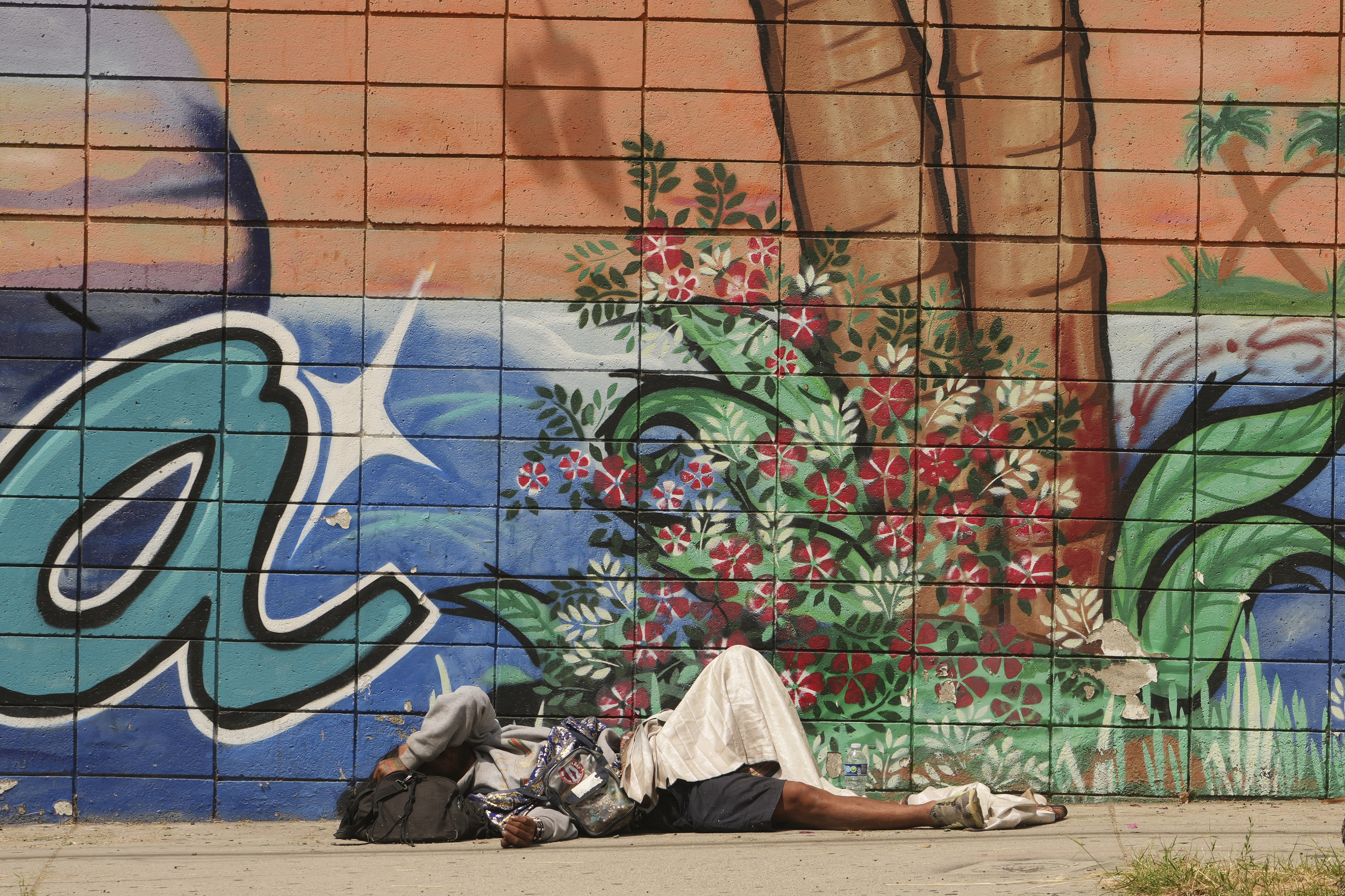 A person sleeps on a sidewalk, Monday, May 12, 2025, in Los Angeles. (AP Photo/Damian Dovarganes)