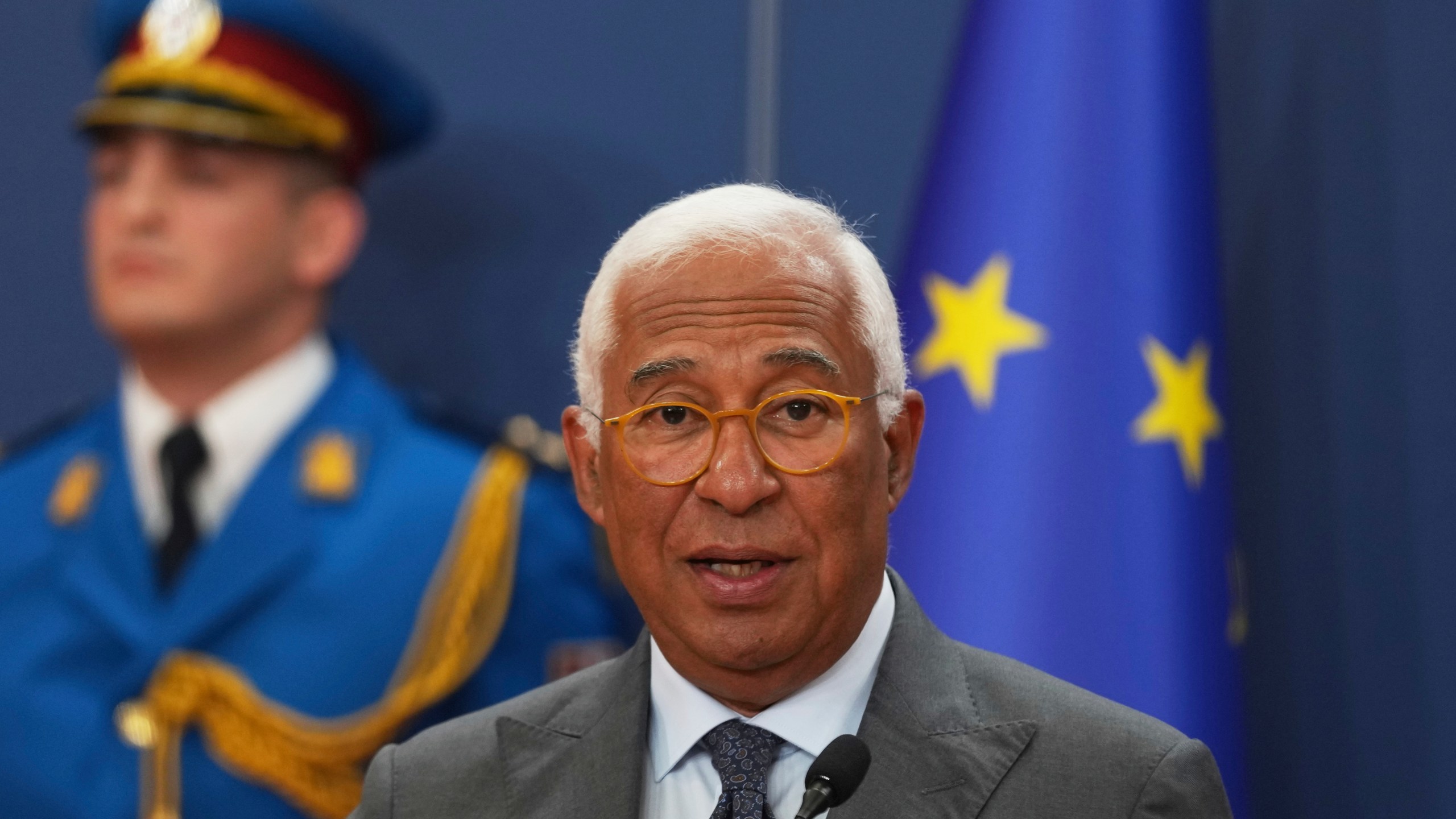 European Council President Antonio Costa speaks during a press conference after talks with Serbian President Aleksandar Vucic at the Serbia Palace in Belgrade, Serbia, Tuesday, May 13, 2025. (AP Photo/Darko Vojinovic)