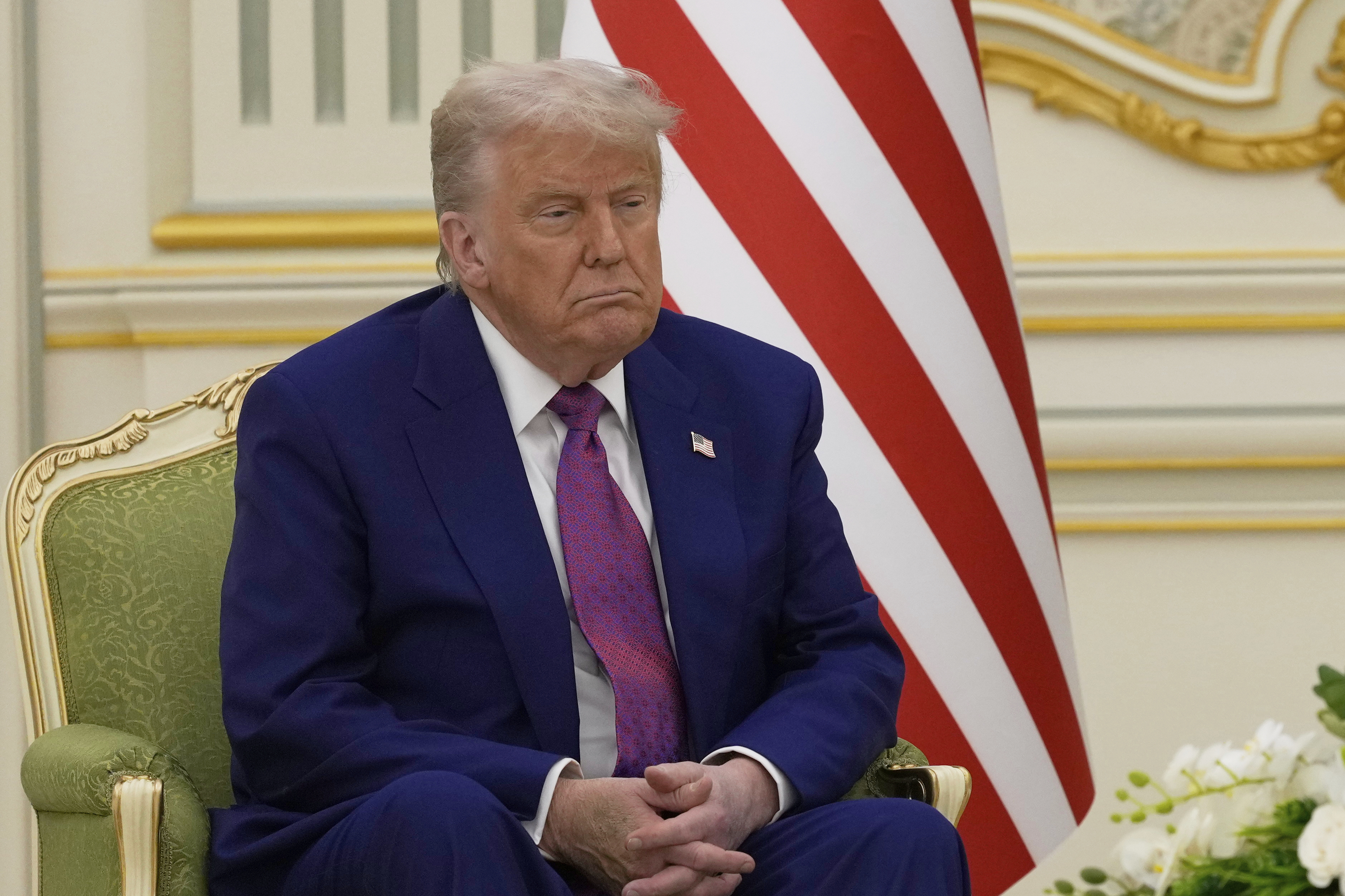 President Donald Trump attends a meeting with Saudi Crown Prince Mohammed bin Salman at the Royal Palace in Riyadh, Saudi Arabia, Tuesday, May 13, 2025. (AP Photo/Alex Brandon)