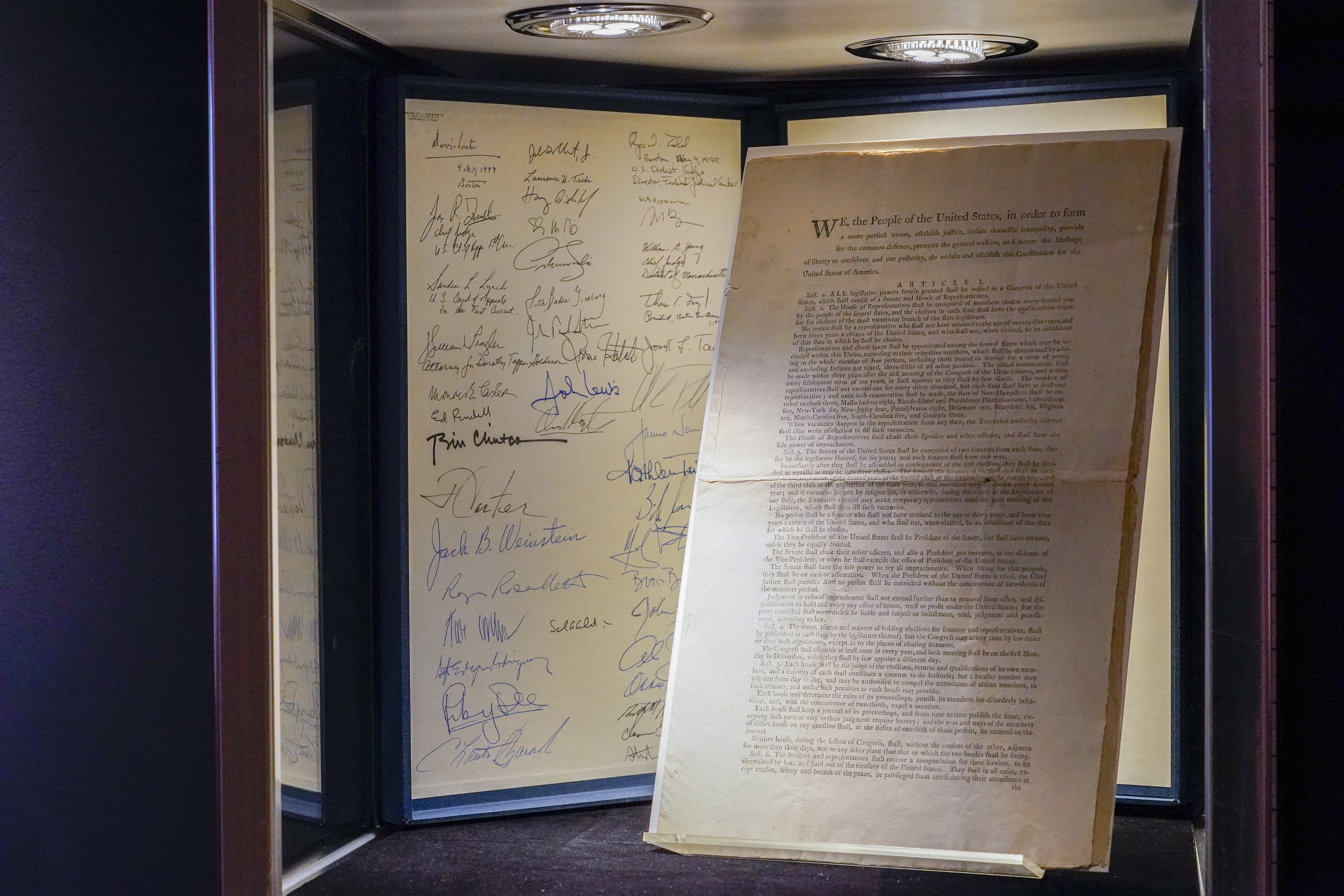 FILE - A first printing of the United States Constitution is displayed at Sotheby's auction house during a press preview on Nov. 5, 2021, in New York. (AP Photo/Mary Altaffer, File)