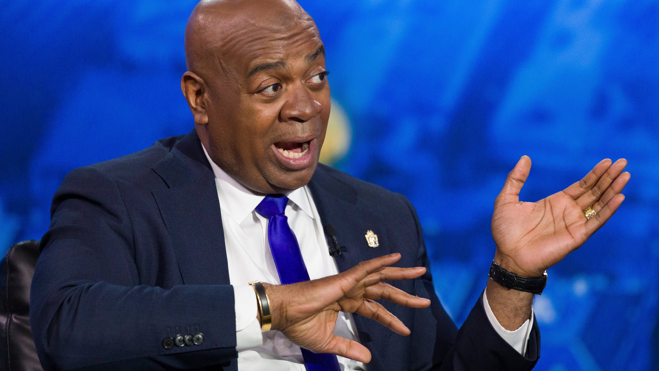 Newark Mayor Ras Baraka makes his point at the New Jersey Democratic gubernatorial primary debate at NJ PBS Studios, Monday, May 12, 2025, in Newark, N.J. (Steve Hockstein/NJ Advance Media via AP, Pool)
