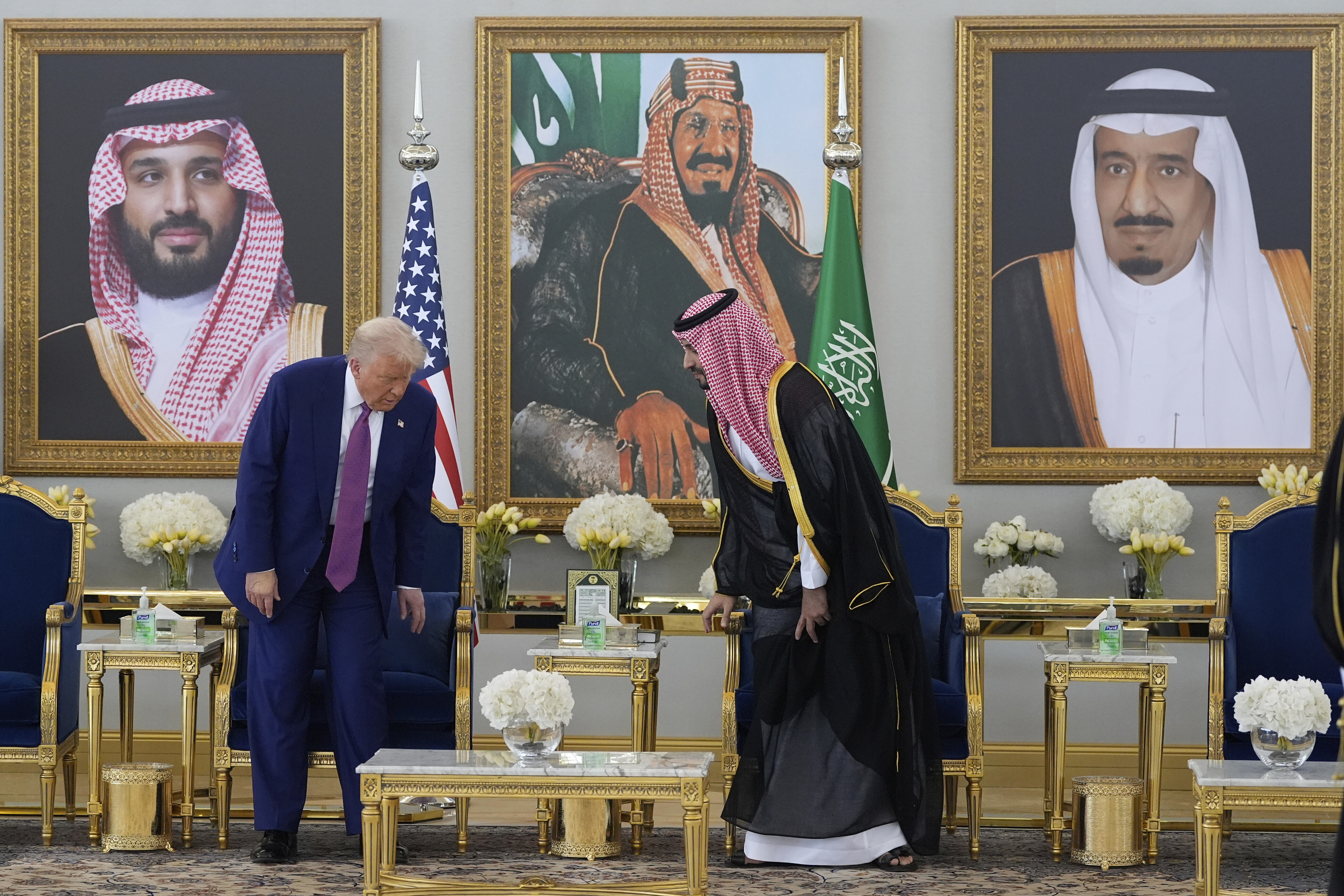 President Donald Trump arrives with Saudi Crown Prince Mohammed bin Salman for a coffee ceremony at the Royal Terminal of King Khalid International Airport in Riyadh, Saudi Arabia, Tuesday, May 13, 2025. (AP Photo/Alex Brandon)