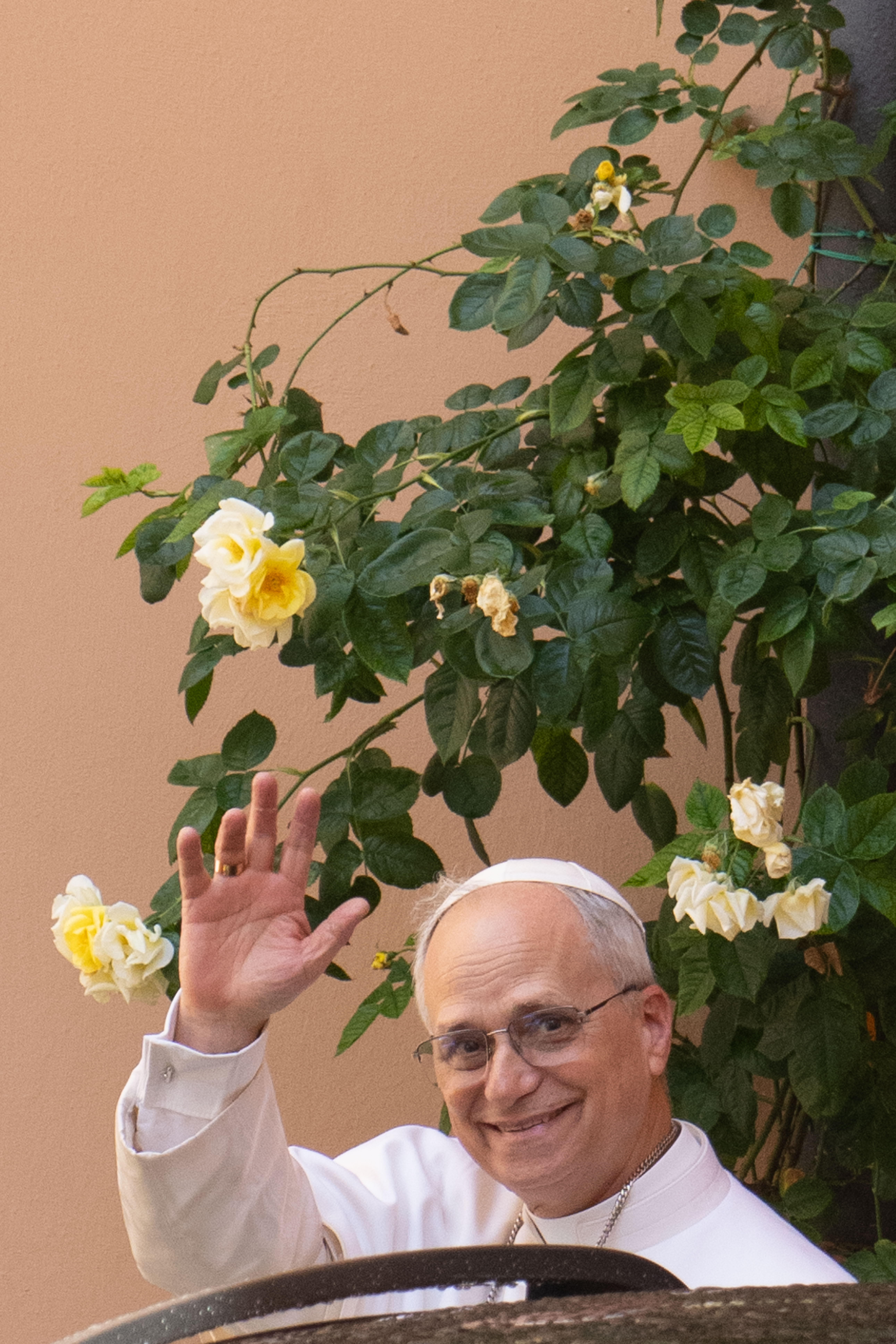 Pope Leo XIV leaves the Augustinian General House in Rome after a visit on Tuesday, May 13, 2025. (AP Photo/Domenico Stinellis)