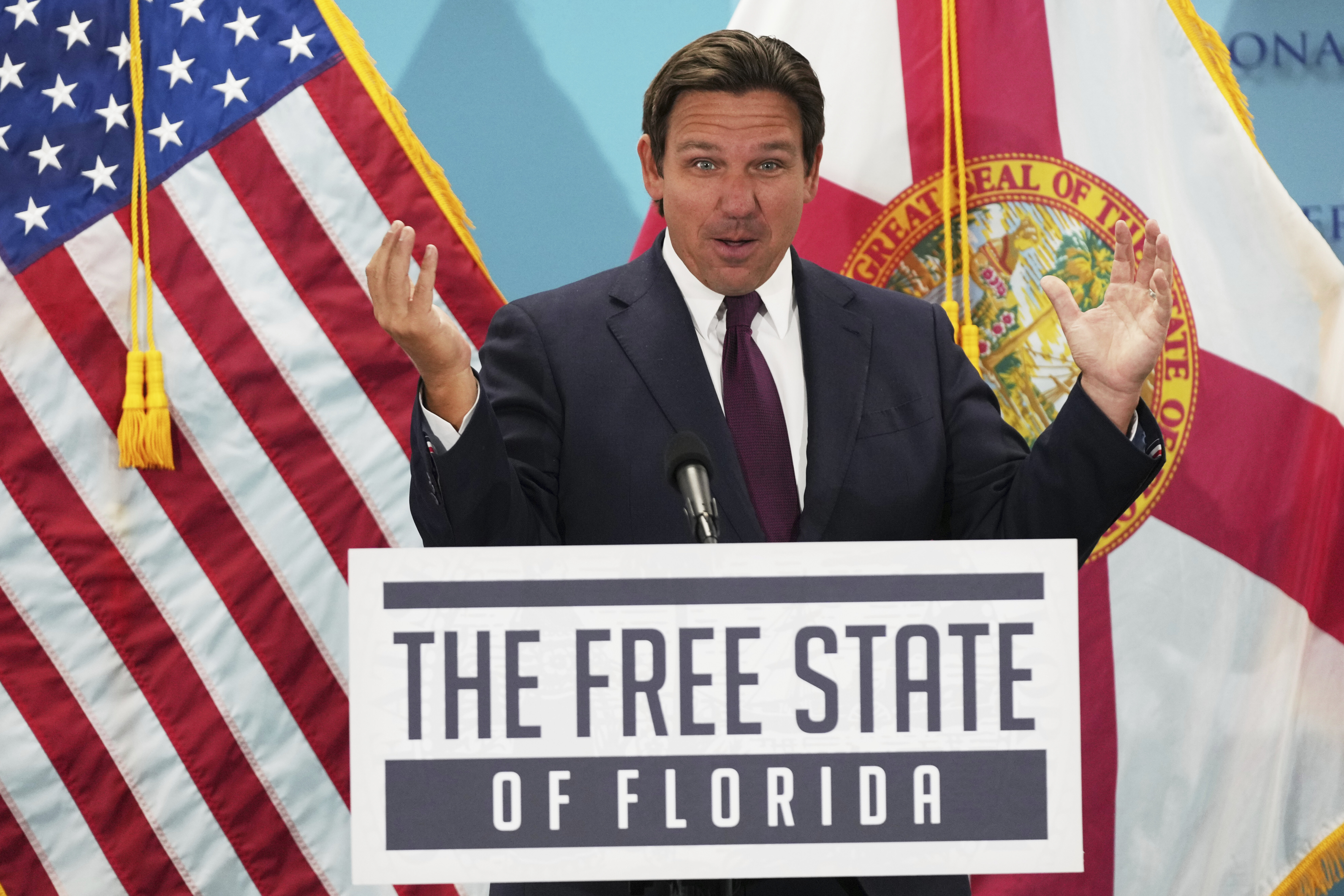 Florida Gov. Ron DeSantis speaks during a public event where he announced he would sign a bill banning the use of fluoride in public water systems, Tuesday, May 6, 2025, in Miami. (AP Photo/Lynne Sladky)