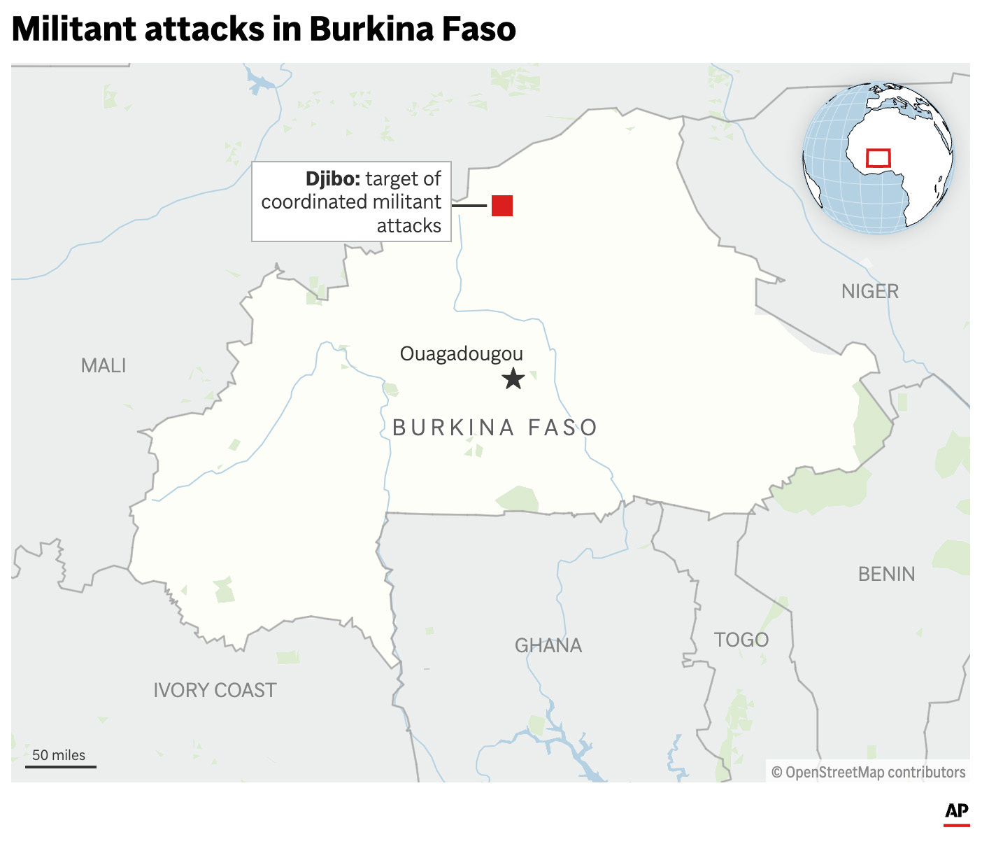 The map above highlights Burkina Faso on the African continent and shows the location of recent militant attacks. (AP Graphic)