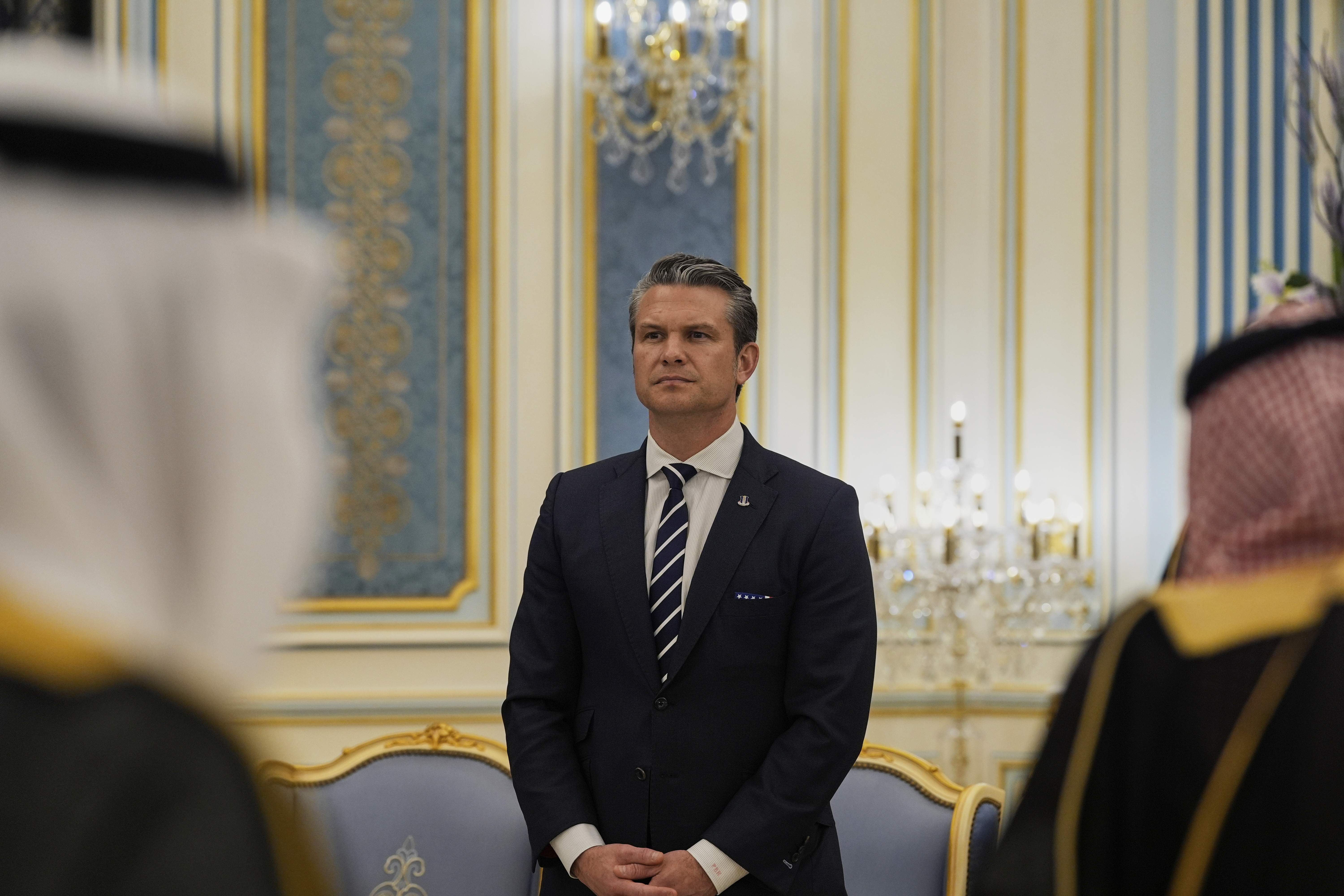 Secretary of Defense Pete Hegseth attends a welcome ceremony for President Donald Trump hosted by Saudi Crown Prince Mohammed bin Salman at the Royal Palace in Riyadh, Saudi Arabia, Tuesday, May 13, 2025. (AP Photo/Alex Brandon)