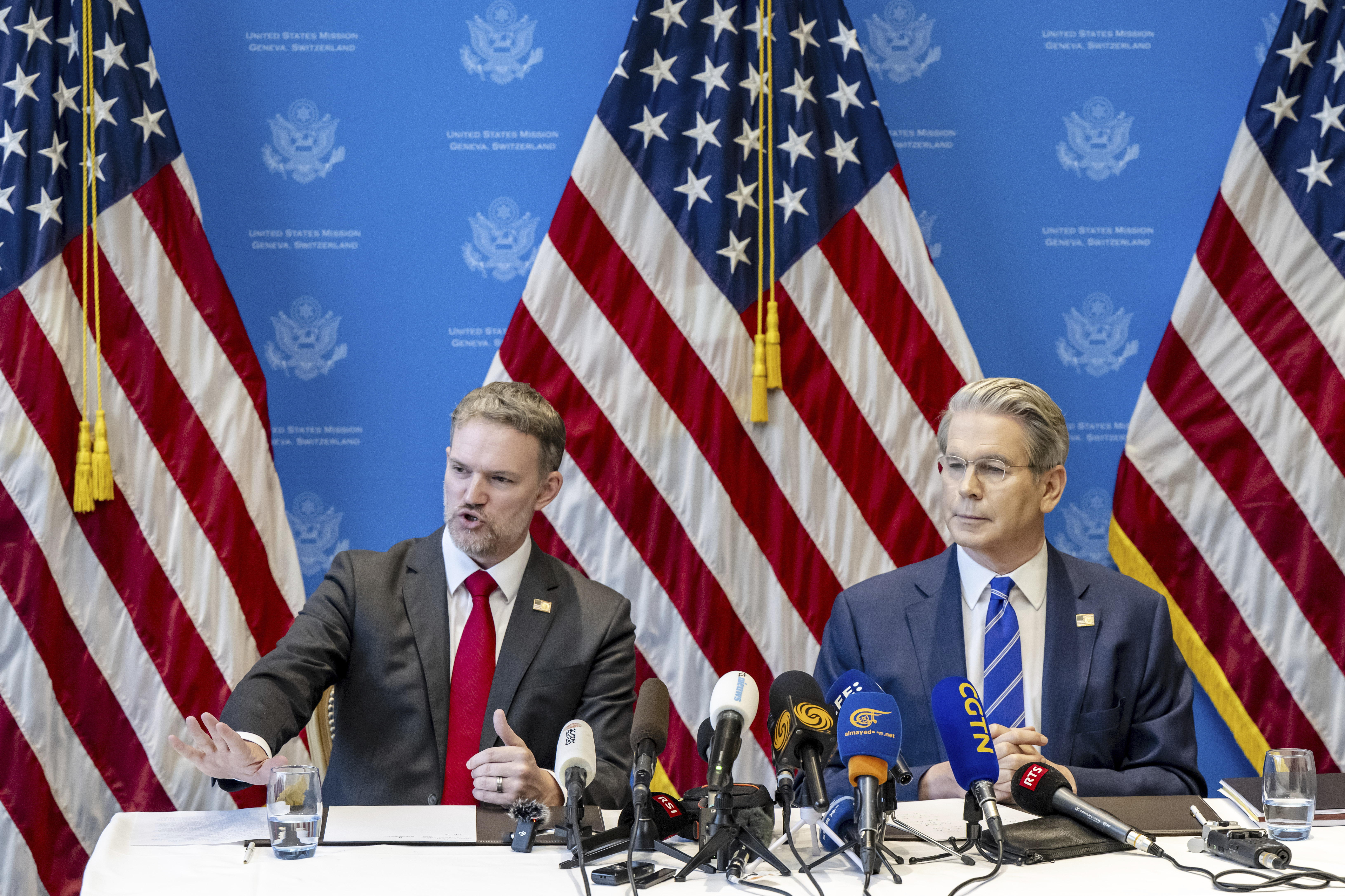 U.S. Trade Representative Jamieson Greer, left, and U.S. Secretary of the Treasury Scott Bessent take part in a press conference after two days of closed-door discussions on trade between the United States and China, in Geneva, Switzerland, Monday, May 12, 2025. (Jean-Christophe Bott/Keystone via AP)