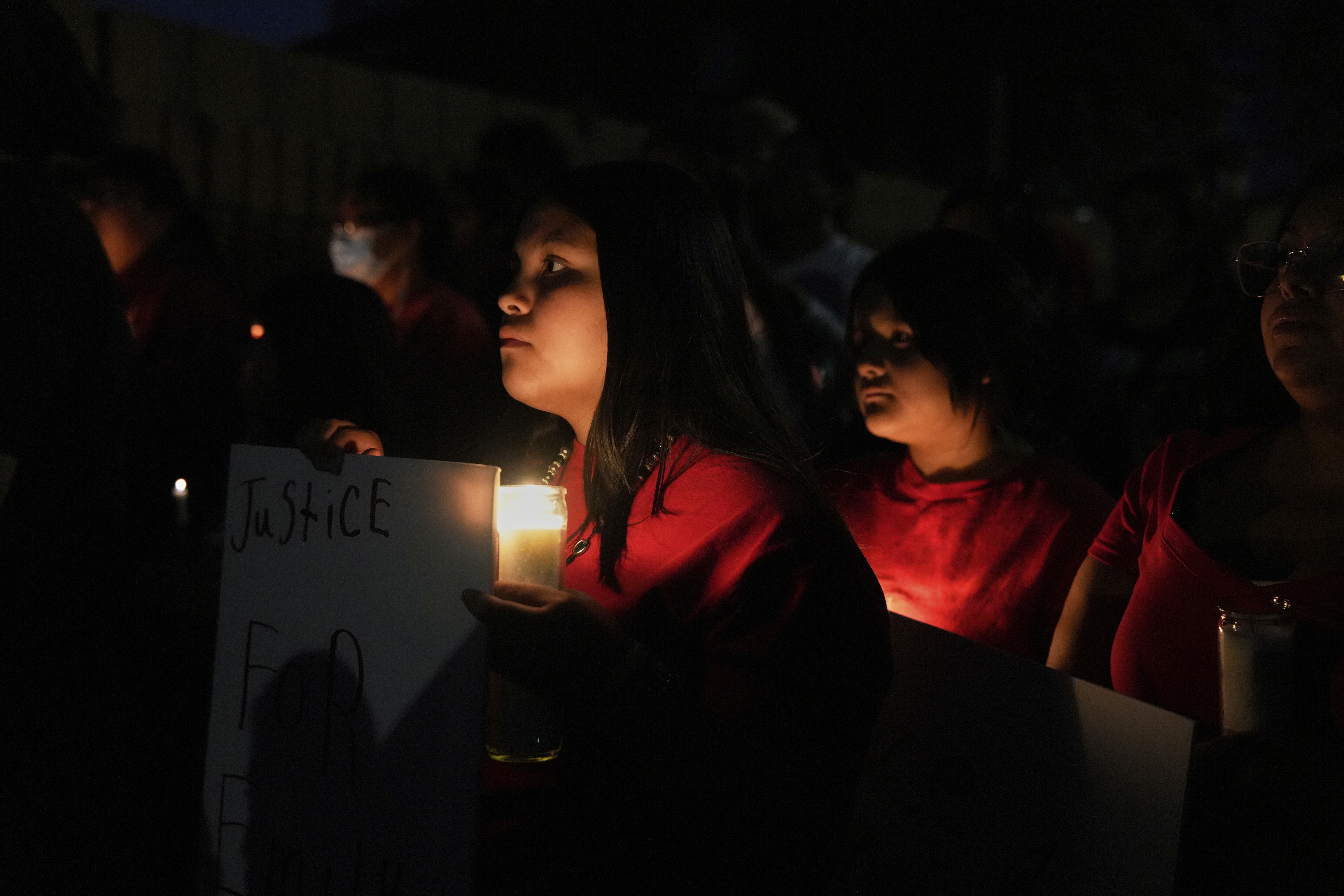 FILE - People attend a vigil for slain Native American teen Emily Pike in Mesa, Ariz., Thursday, March 6, 2025. (AP Photo/Samantha Chow, file)
