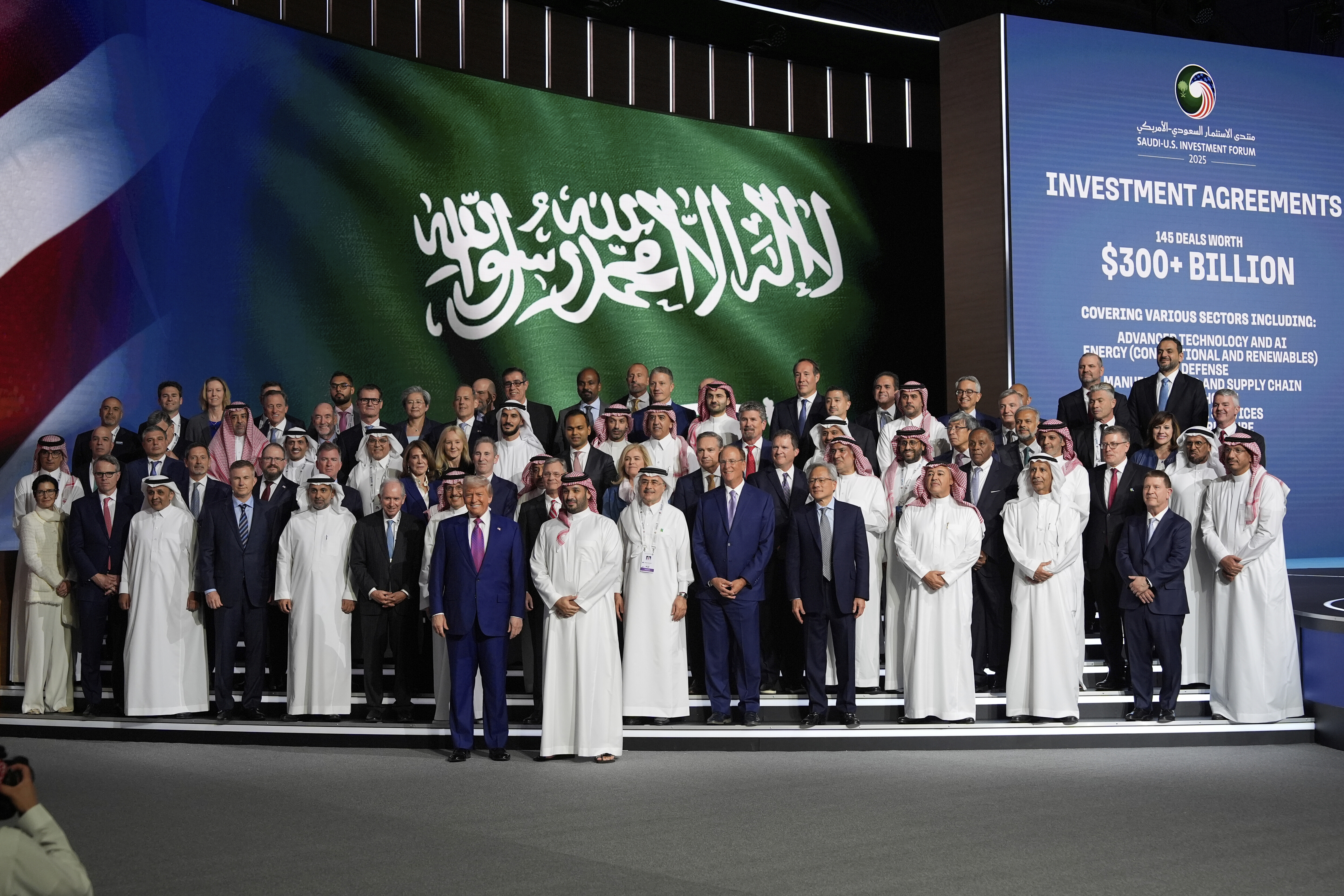 President Donald Trump and Saudi Crown Prince Mohammed bin Salman pose for a photo at the Saudi-U.S. Investment Forum at the King Abdulaziz International Conference Center in Riyadh, Saudi Arabia, Tuesday, May 13, 2025. (AP Photo/Alex Brandon)