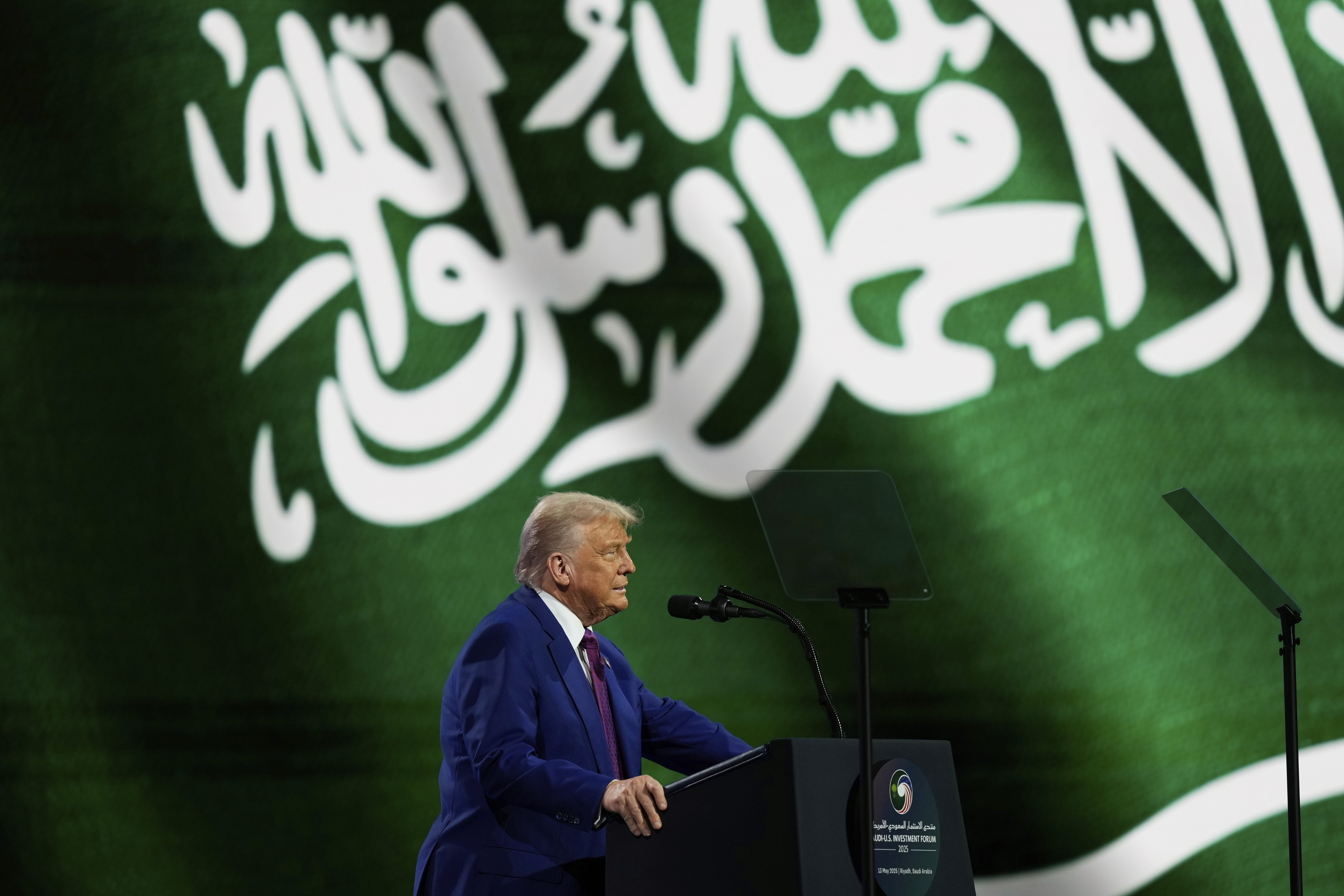 President Donald Trump speaks at the Saudi-U.S. Investment Forum at the King Abdulaziz International Conference Center in Riyadh, Saudi Arabia, Tuesday, May 13, 2025. (AP Photo/Alex Brandon)