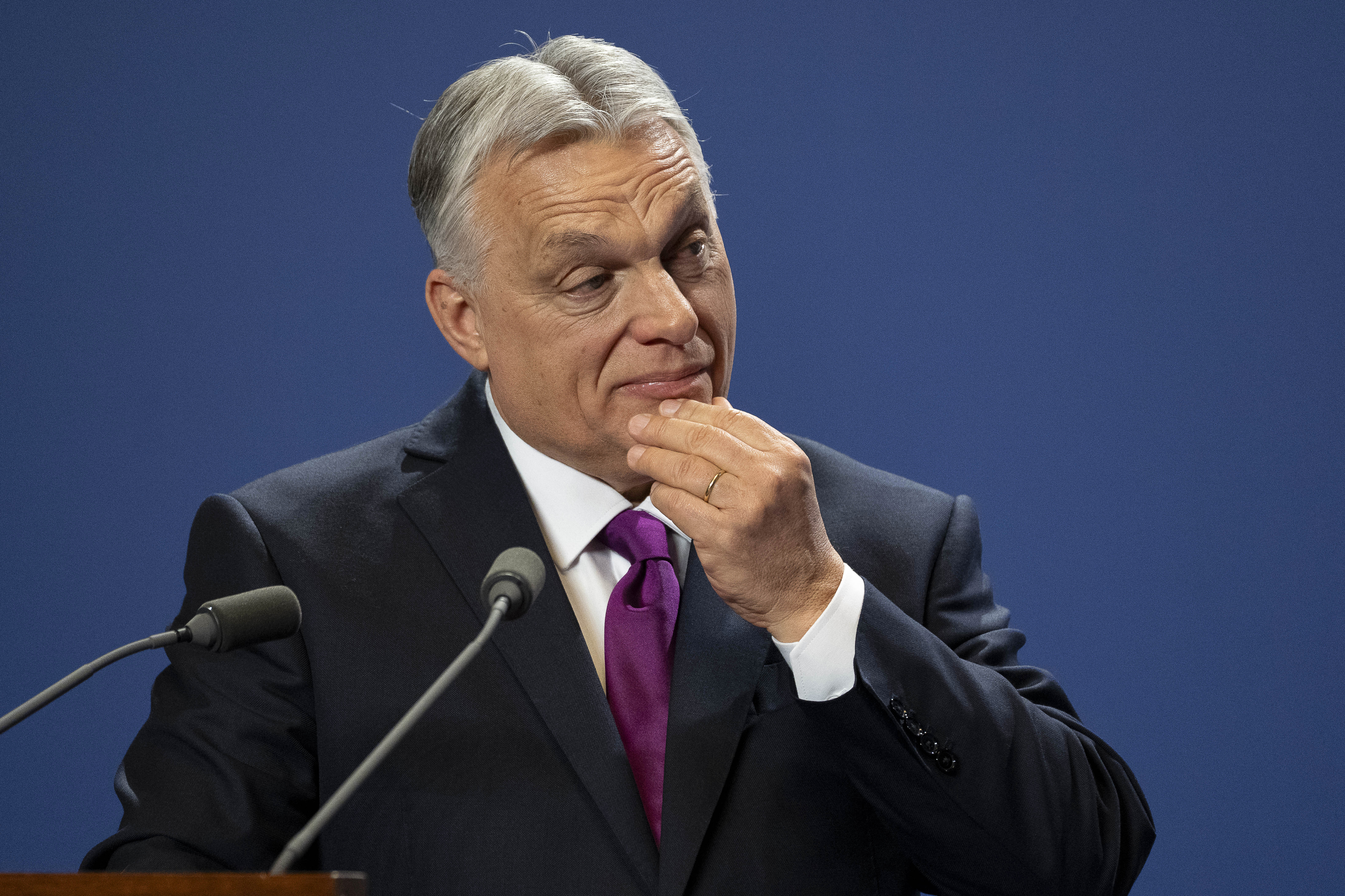 FILE - Hungarian Prime Minister Viktor Orban reacts during a press statement at the Carmelite Monastery in the Buda Castle in Budapest, Hungary, Thursday, April 3, 2025. (AP Photo/Denes Erdos, File)