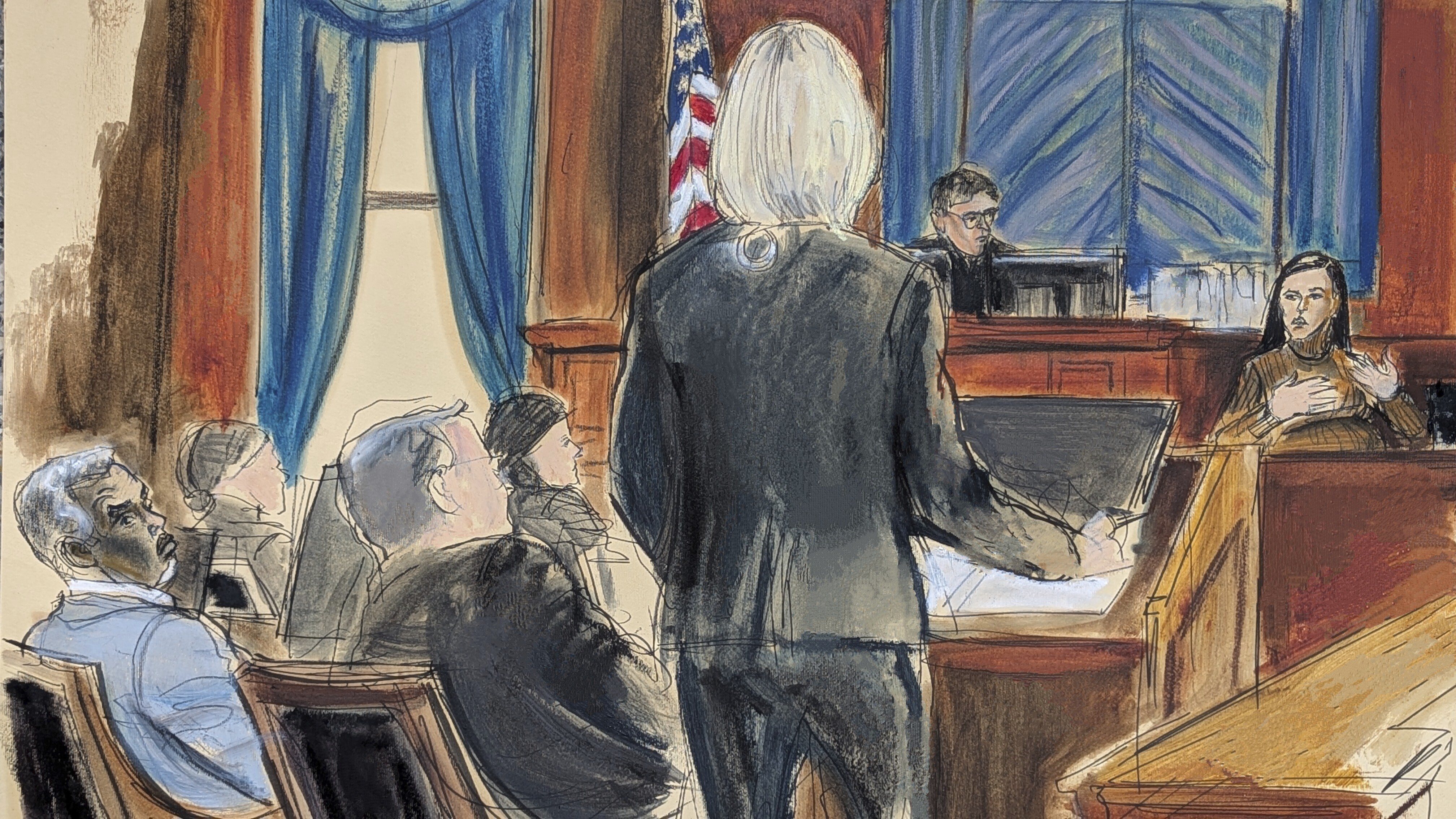 Sean Diddy'Combs, far left, and attorney Marc Agnifilo, second from left, listen as witness Cassie Ventura, far right, answers questions from assistant US Attorney Emily Johnson, center, with Judge Arun Subramanian presiding in Manhattan federal court, Tuesday, May 13, 2025, in New York. (Elizabeth Williams via AP)