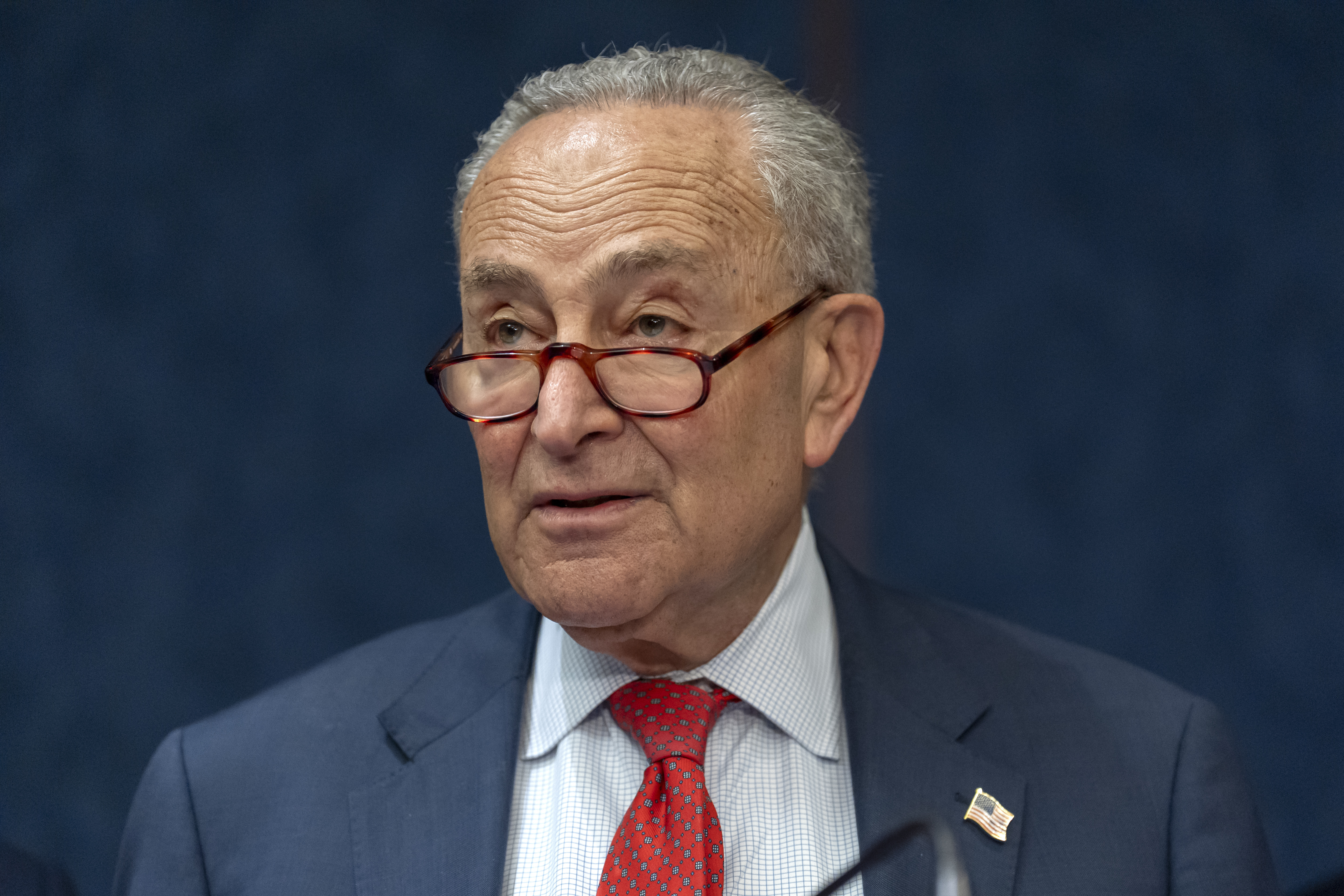 Senate Minority Leader Chuck Schumer, of N.Y., speaks during a news conference to protest cuts in the World Trade Center Health Program on Capitol Hill, Tuesday, May 13, 2025, in Washington. (AP Photo/Mark Schiefelbein)