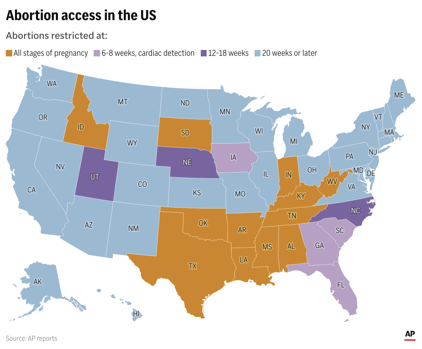 The status of abortion access across the states. (AP Digital Embed)
