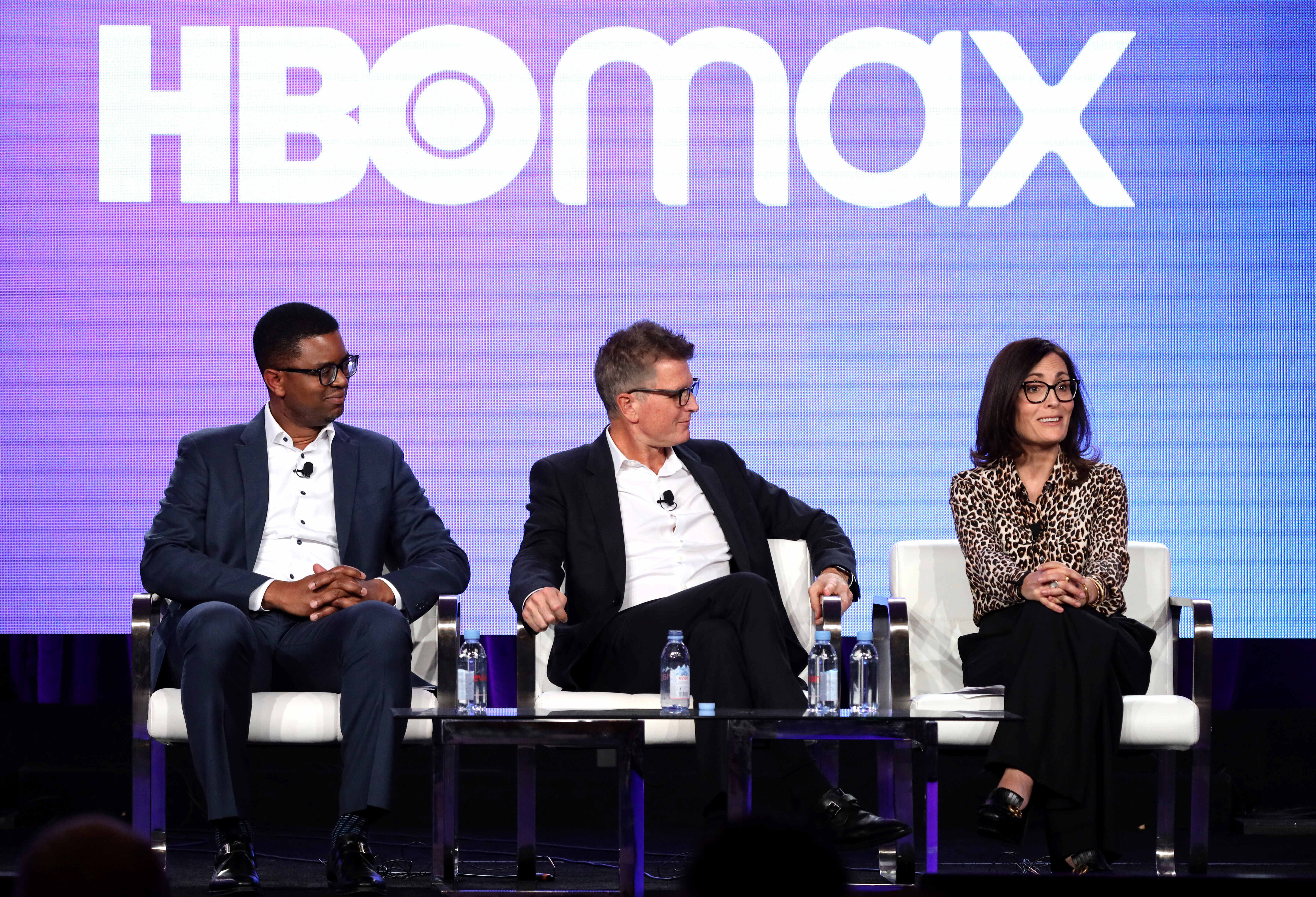 FILE - In this Jan. 15, 2020, file photo, EVP of Content Acquisitions for TNT, TBS, truTV, HBO & HBO MAX Michael Quigley, from left, Chief Content Officer, HBO MAX and President, TNT,TBS, & truTV Kevin Reilly and Head of Original Content , HBO MAX Sarah Aubrey appear at the HBO Max Executive Sessions panel during the HBO TCA 2020 Winter Press Tour at the Langham Huntington in Pasadena, Calif. (Photo by Willy Sanjuan/Invision/AP, File)