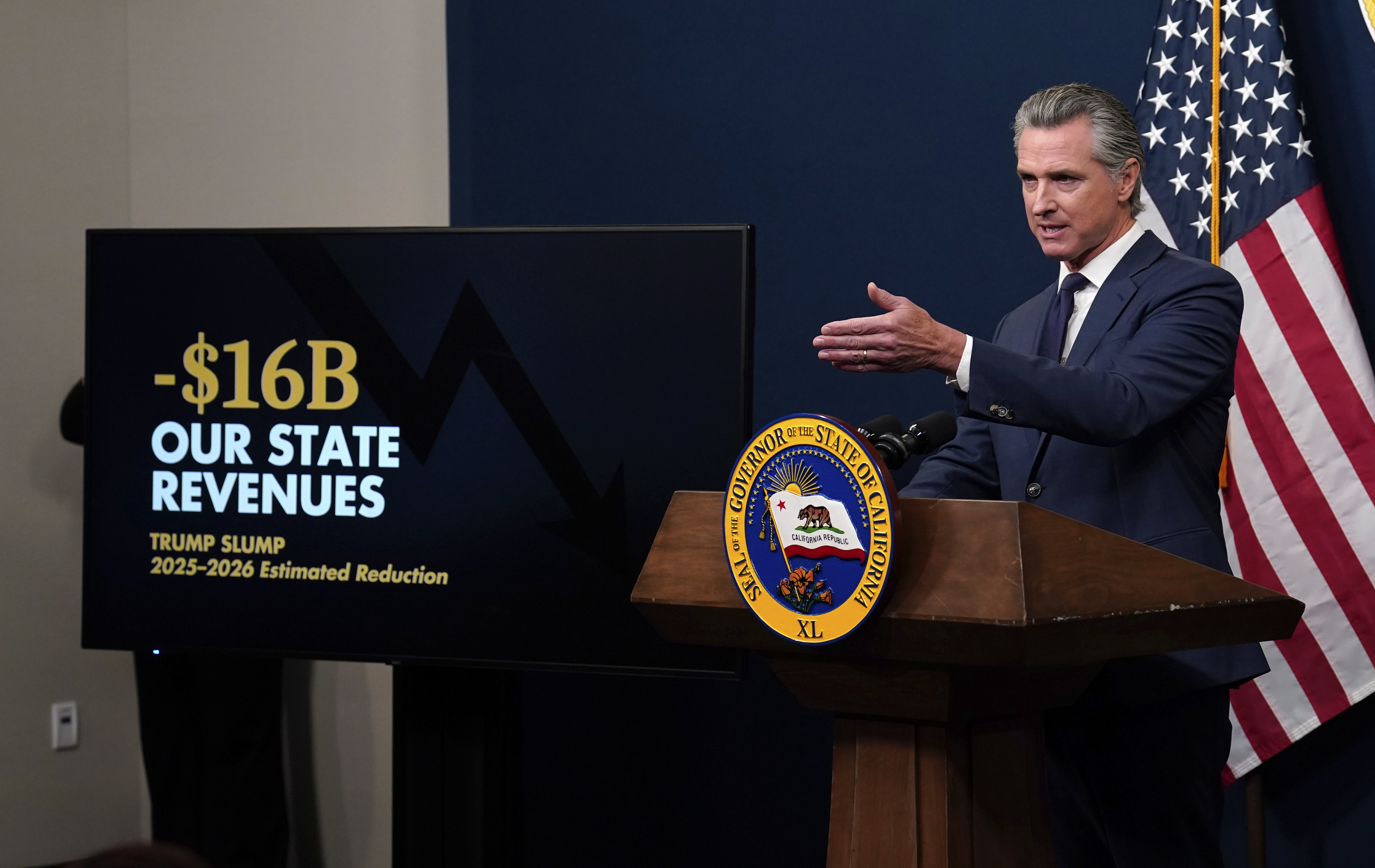 CORRECTS BUDGET DATES Calif. Gov. Gavin Newsom presents his revised 2025-2026 state budget during a news conference in Sacramento, Calif., Wednesday, May 14, 2025. (AP Photo/Rich Pedroncelli)