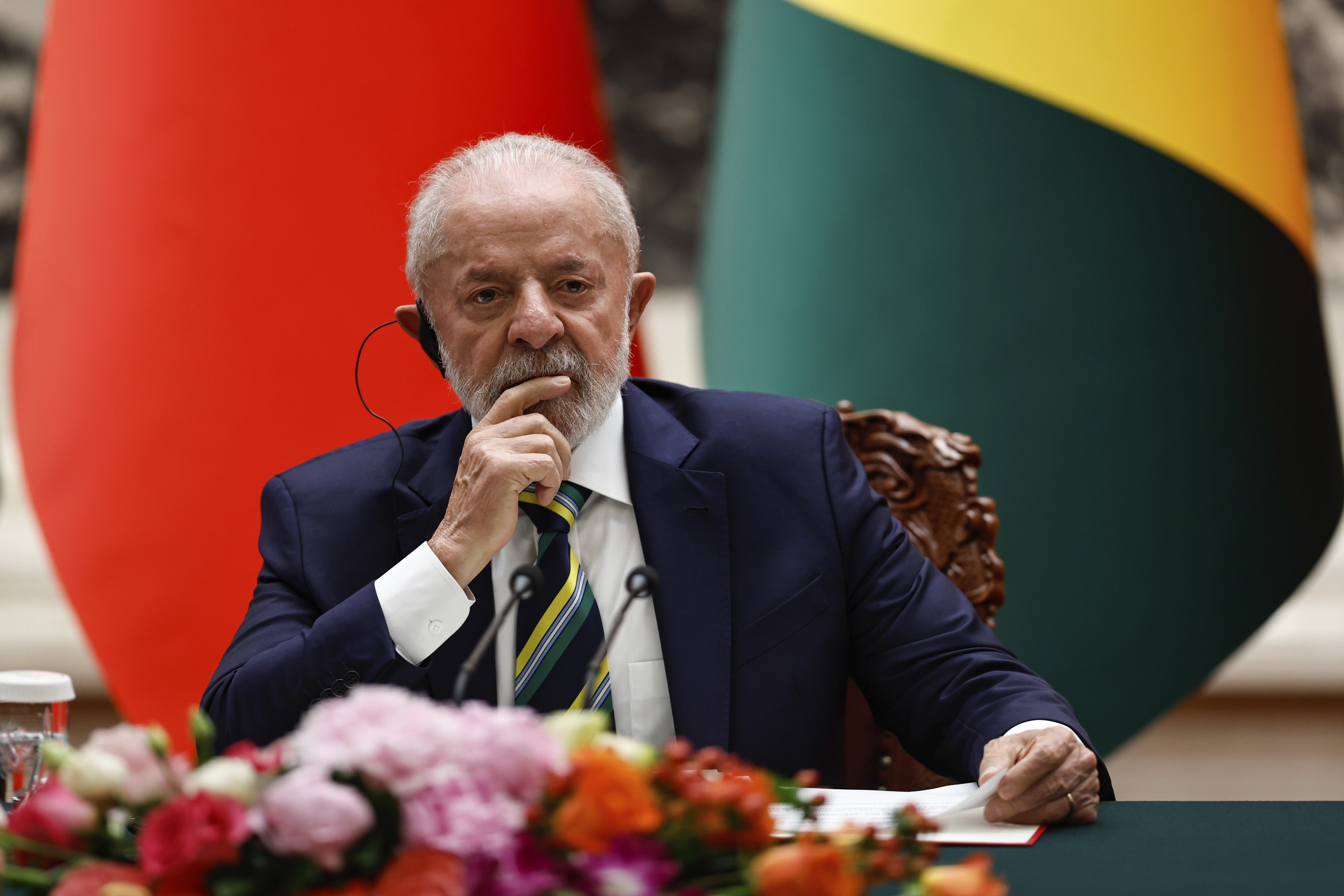 Brazil's President Luiz Inacio Lula da Silva attends a joint press conference with Chinese President Xi Jinping (not pictured) at the Great Hall of the People in Beijing, China, Tuesday, May 13, 2025. (Tingshu Wang/Pool Photo via AP)