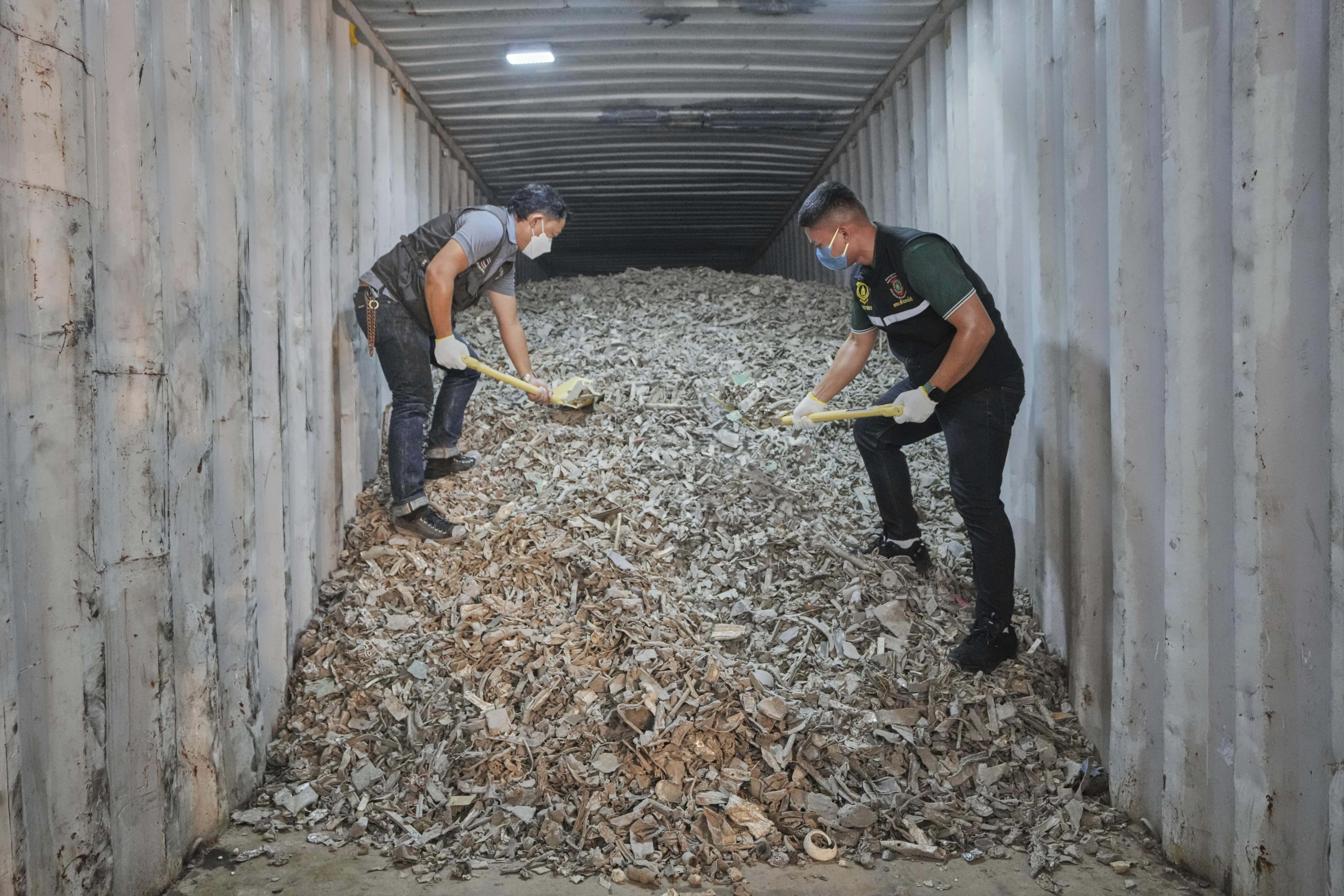 Thai officials show samples of illegally imported electronic waste from the United States which they said they seized at Bangkok Port during a press conference in Bangkok, Thailand, Wednesday, May 14, 2025. (AP Photo/Sakchai Lalit)