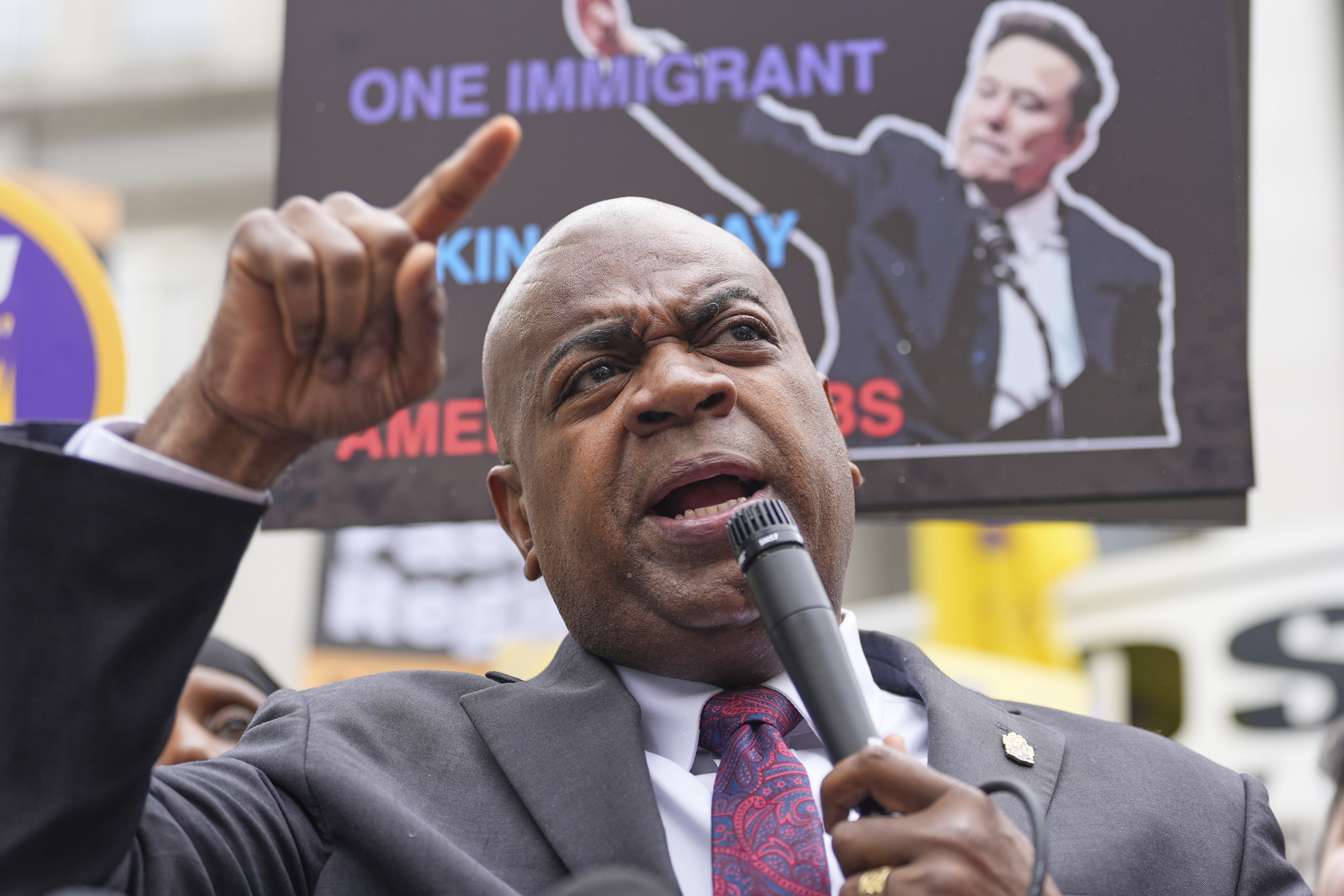 Mayor Ras Baraka speaks to supporters and media after a court appearance in Newark, N.J., Thursday, May 15, 2025. (AP Photo/Seth Wenig)