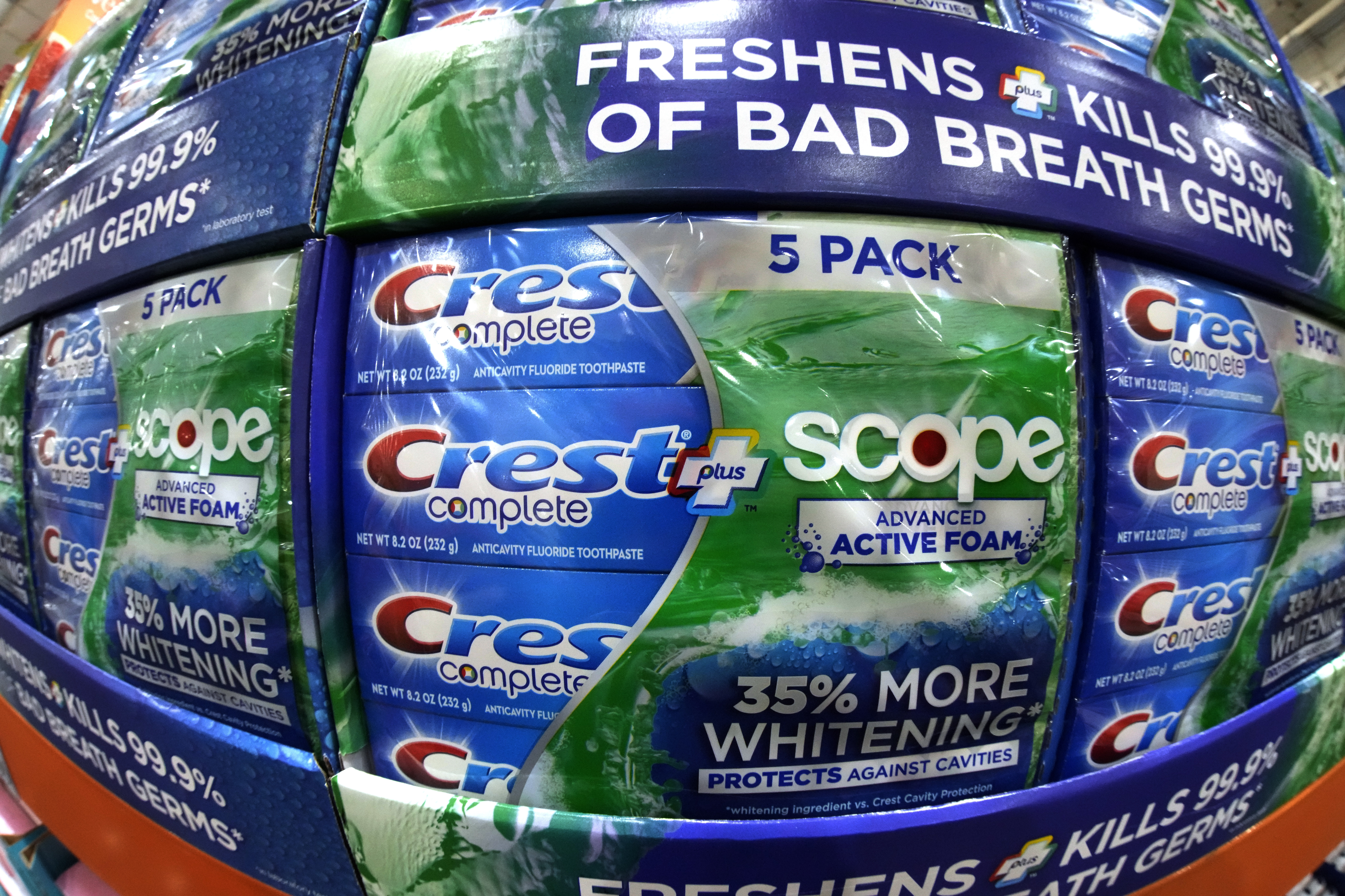 FILE - This is a display of Procter and Gamble Crest toothpaste in a Costco Warehouse in Pittsburgh on Thursday, Jan. 26, 2023. (AP Photo/Gene J. Puskar, File)