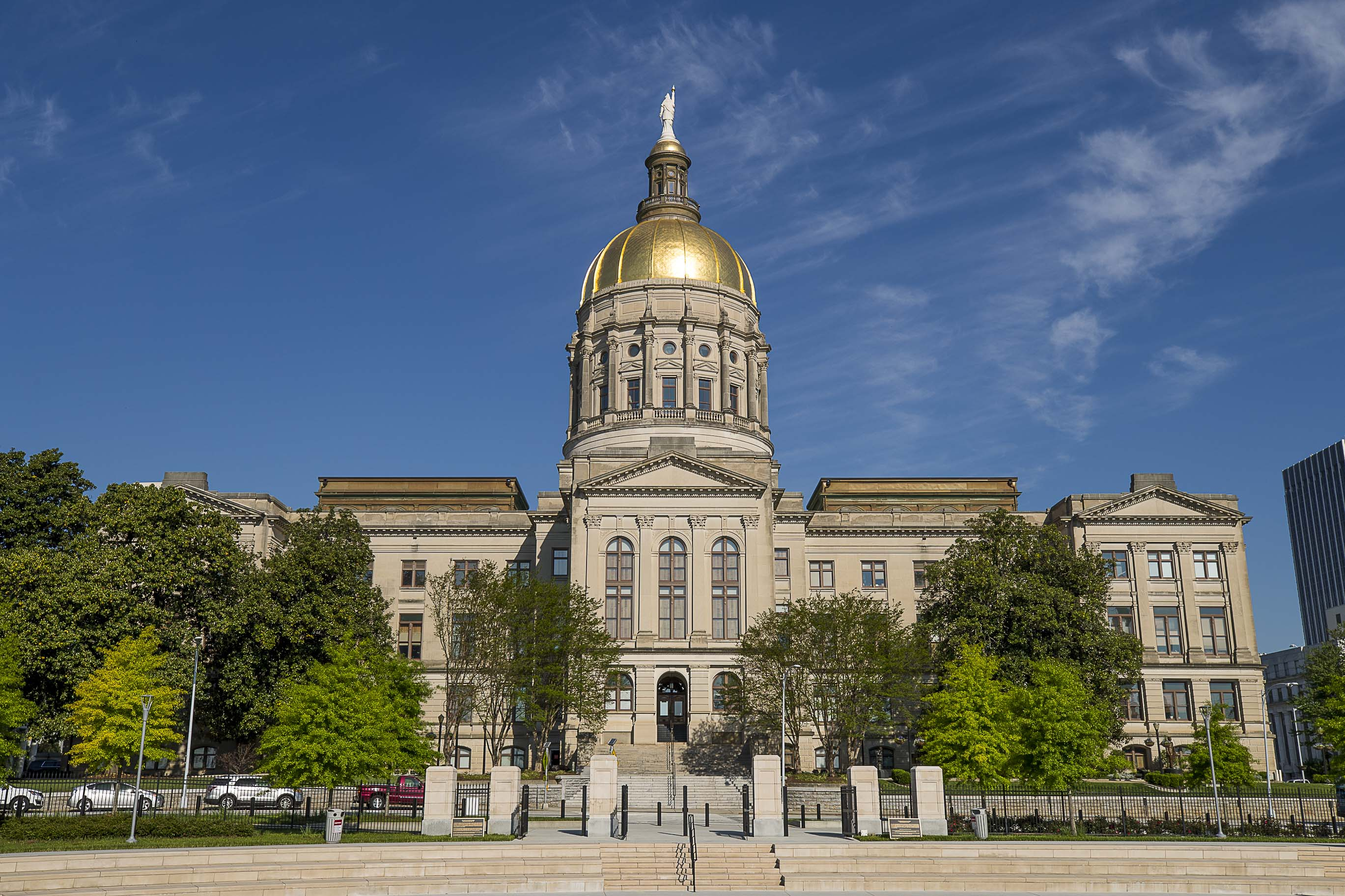 FILE - The Georgia State Capitol is seen from Liberty Plaza in downtown Atlanta, April 6, 2020. (Alyssa Pointer/Atlanta Journal-Constitution via AP, File)