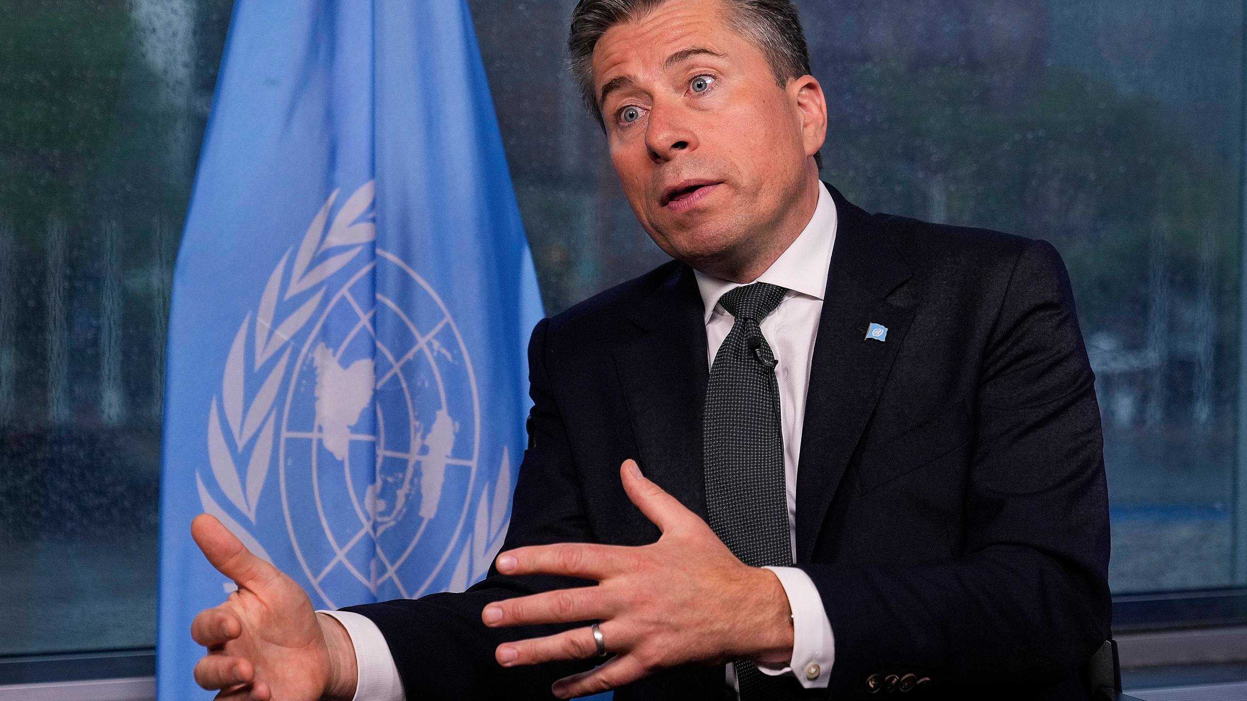 U.N. humanitarian chief Tom Fletcher responds to questions during an interview with The Associated Press at United Nations headquarters, Wednesday, May 14, 2025. (AP Photo/Richard Drew)
