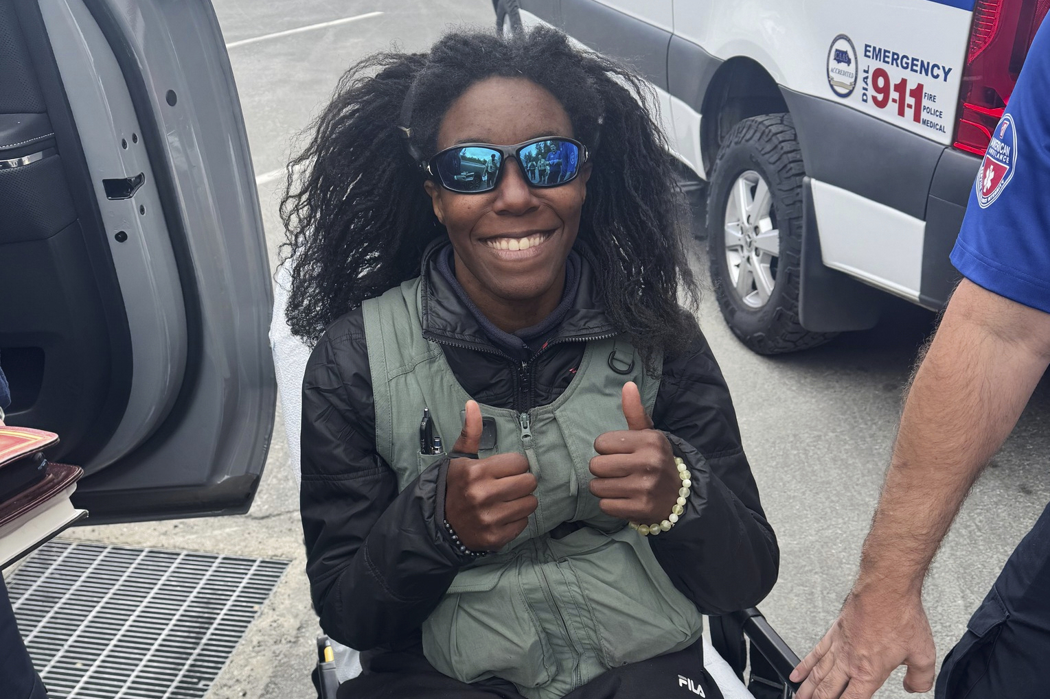 This image provide by the Fresno County Sheriff's Office, shows Tiffany Slaton, of Jeffersonville, Ga., when she was rescued in Fresno County, Calif. on Wednesday, May 14, 2025 after being reported missing in the High Sierra for three weeks. (Fresno County Sheriff's Office via AP)