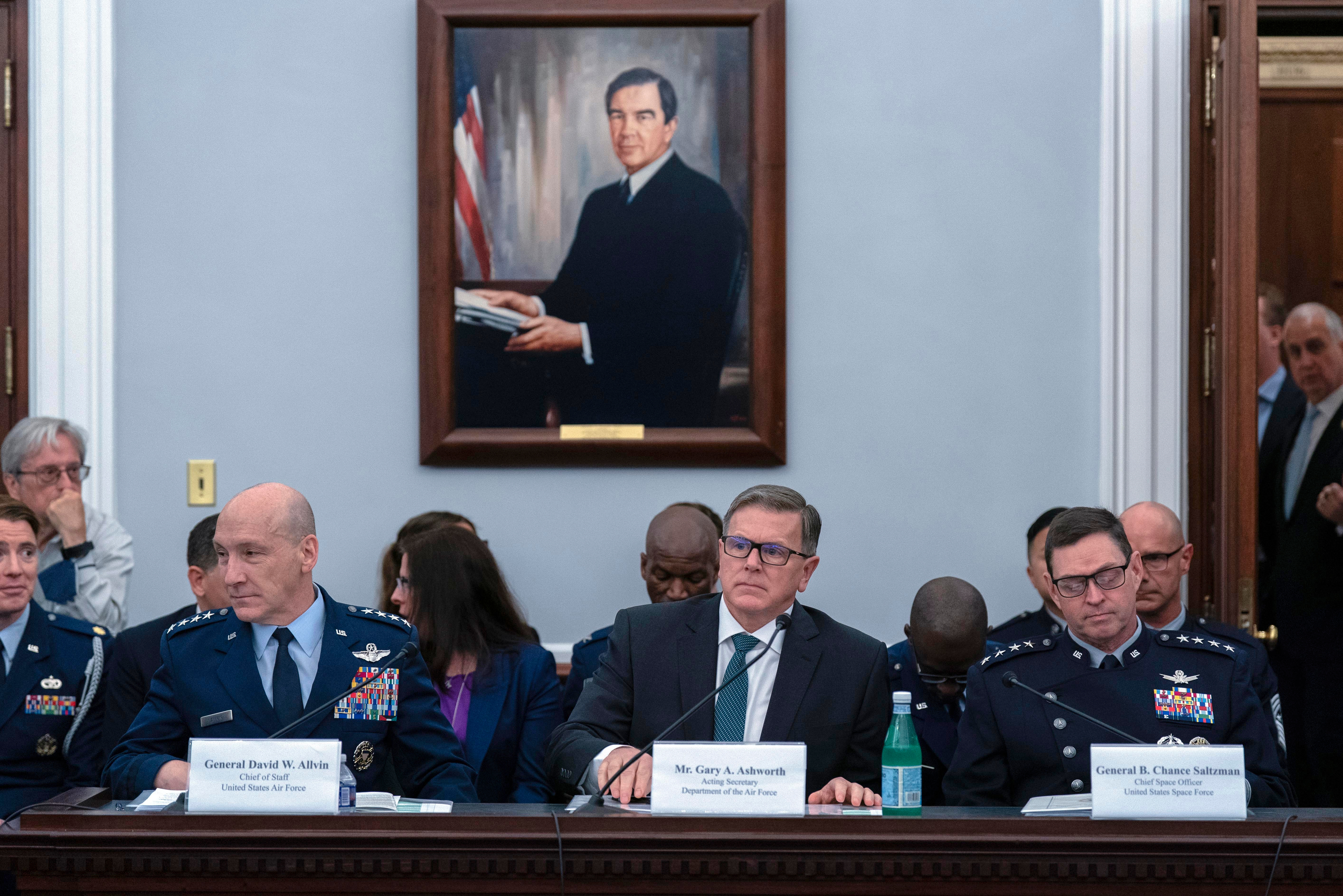 From left, Air Force Chief of Staff Gen. David Allvin, Gary A. Ashworth Acting Secretary, Department of the Air Force and Gen. B. Chance Saltzman, Chief of Space Operations of Space Force, arrive to testify before the House Committee on Appropriations Subcommittee on Defense oversight hearing on Capitol Hill in Washington, Tuesday, May 6, 2025. (AP Photo/Jose Luis Magana)