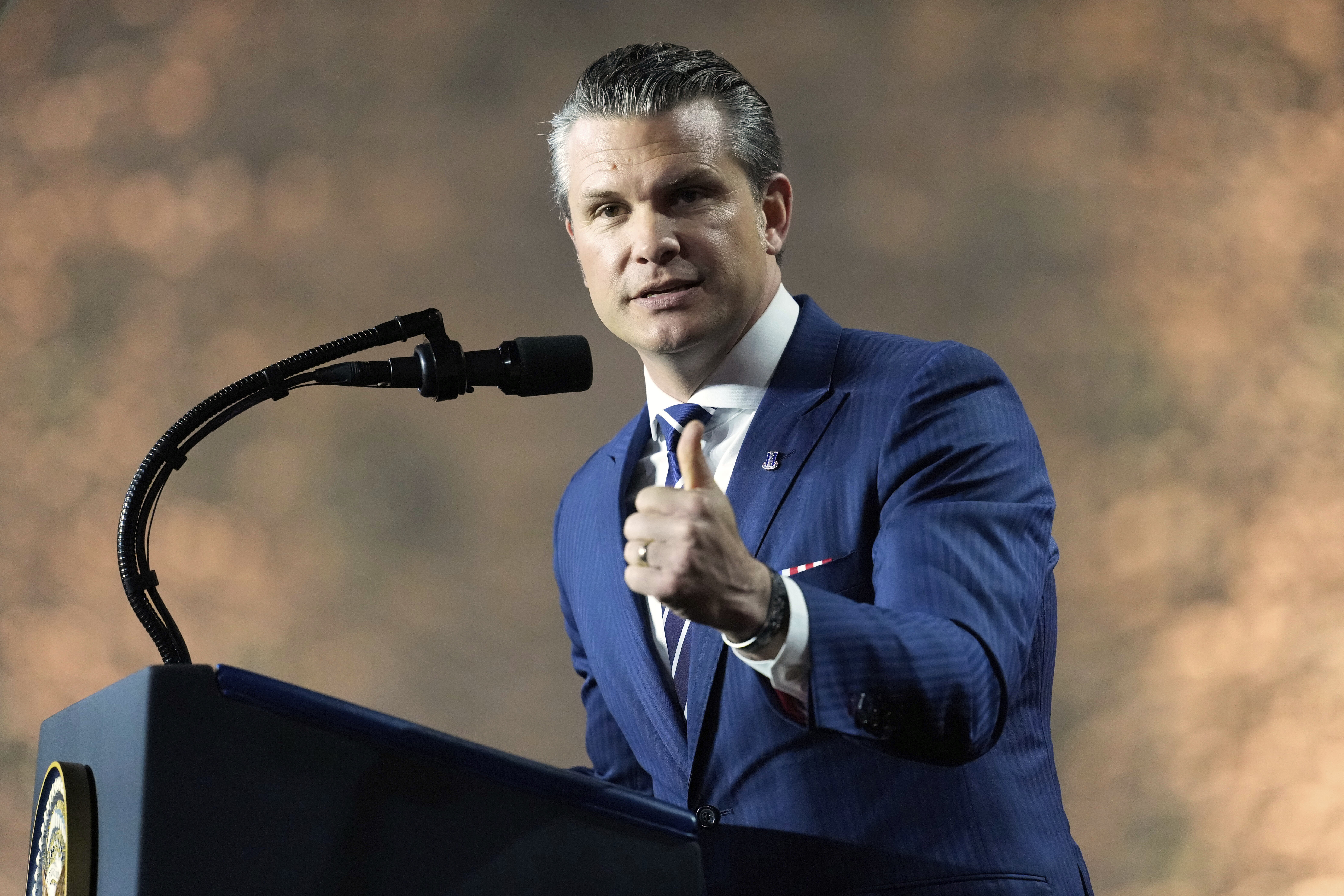 U.S. Secretary of Defense Pete Hegseth speaks at the Al Udeid Air Base, Thursday, May 15, 2025, in Doha, Qatar. (AP Photo/Alex Brandon)