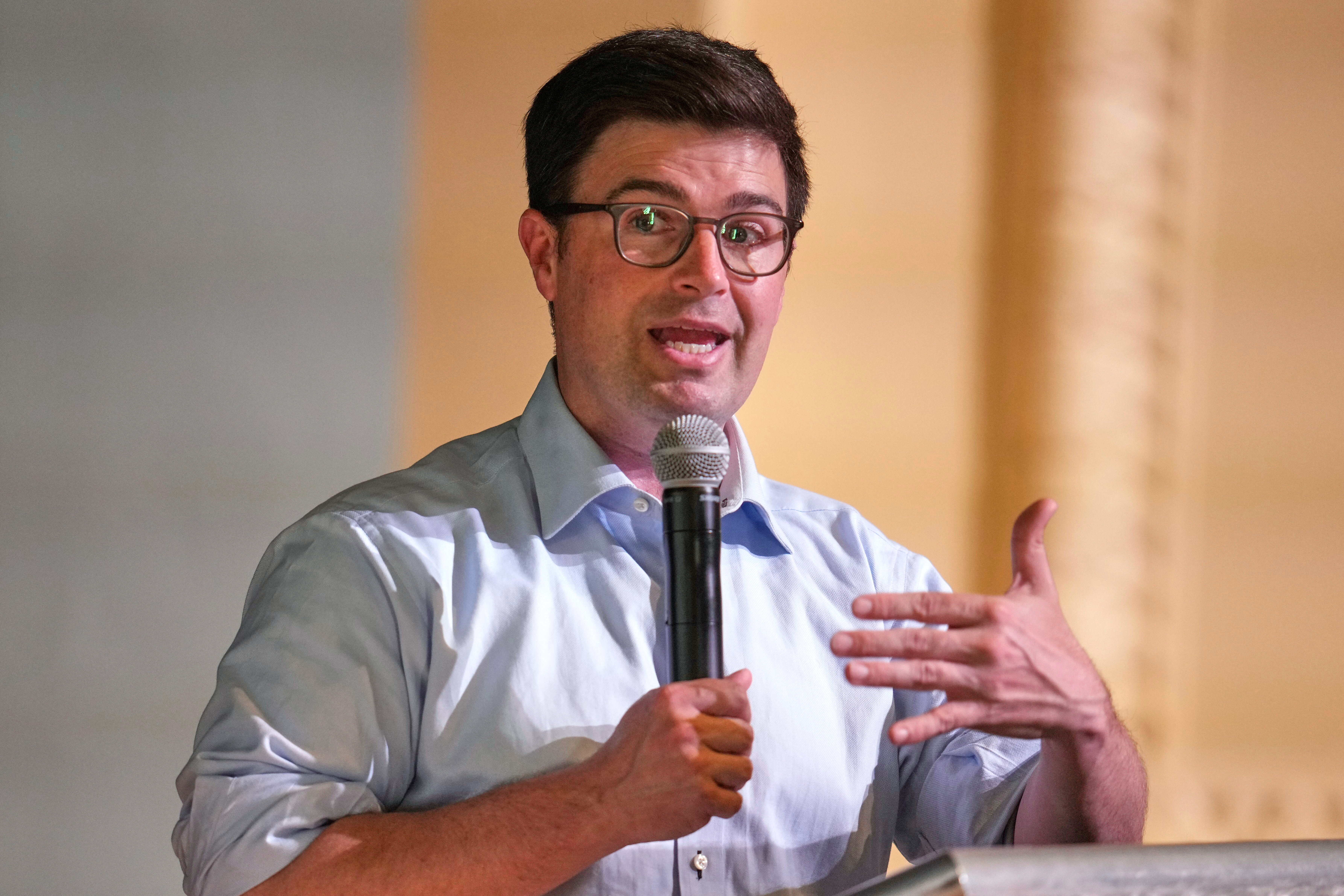 FILE - Pittsburgh mayoral candidate Corey O' Connor speaks at a candidate's forum held at Perry Traditional Academy in Pittsburgh, April, 24,. 2025. (AP Photo/Gene J. Puskar, File)