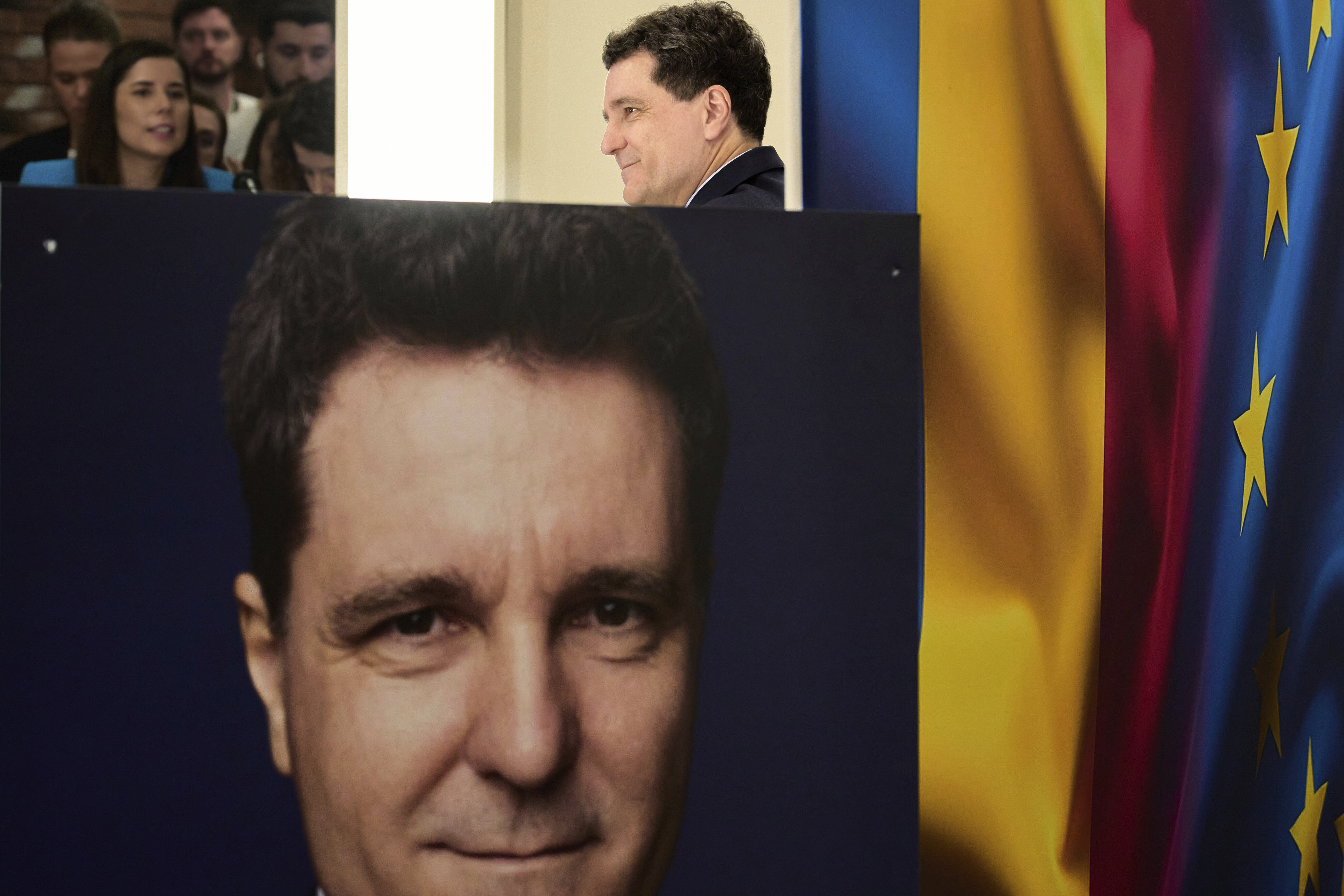 FILE - Presidential candidate Nicusor Dan holds a press conference the day after making it into the round of the country's presidential election redo in Bucharest, Romania, Monday, May 5, 2025. (AP Photo/Vadim Ghirda, File)