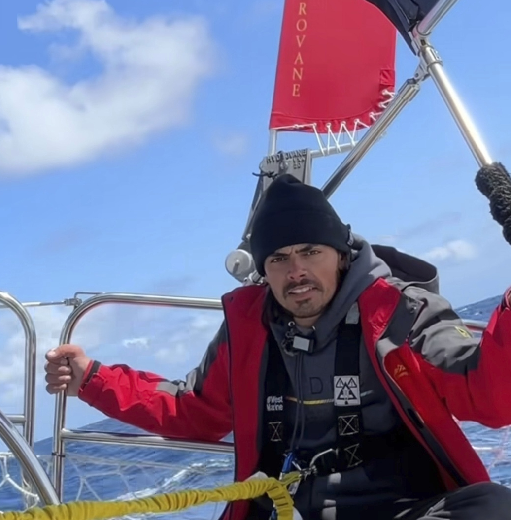 In this screengrab taken from a video posted on Oliver Widger's Instagram account on Sunday, May 4, 2025, Widger talks to the camera somewhere in the Pacific Ocean as he and his cat, Phoenix, sail from Oregon to Hawaii. (Oliver Widger via AP)