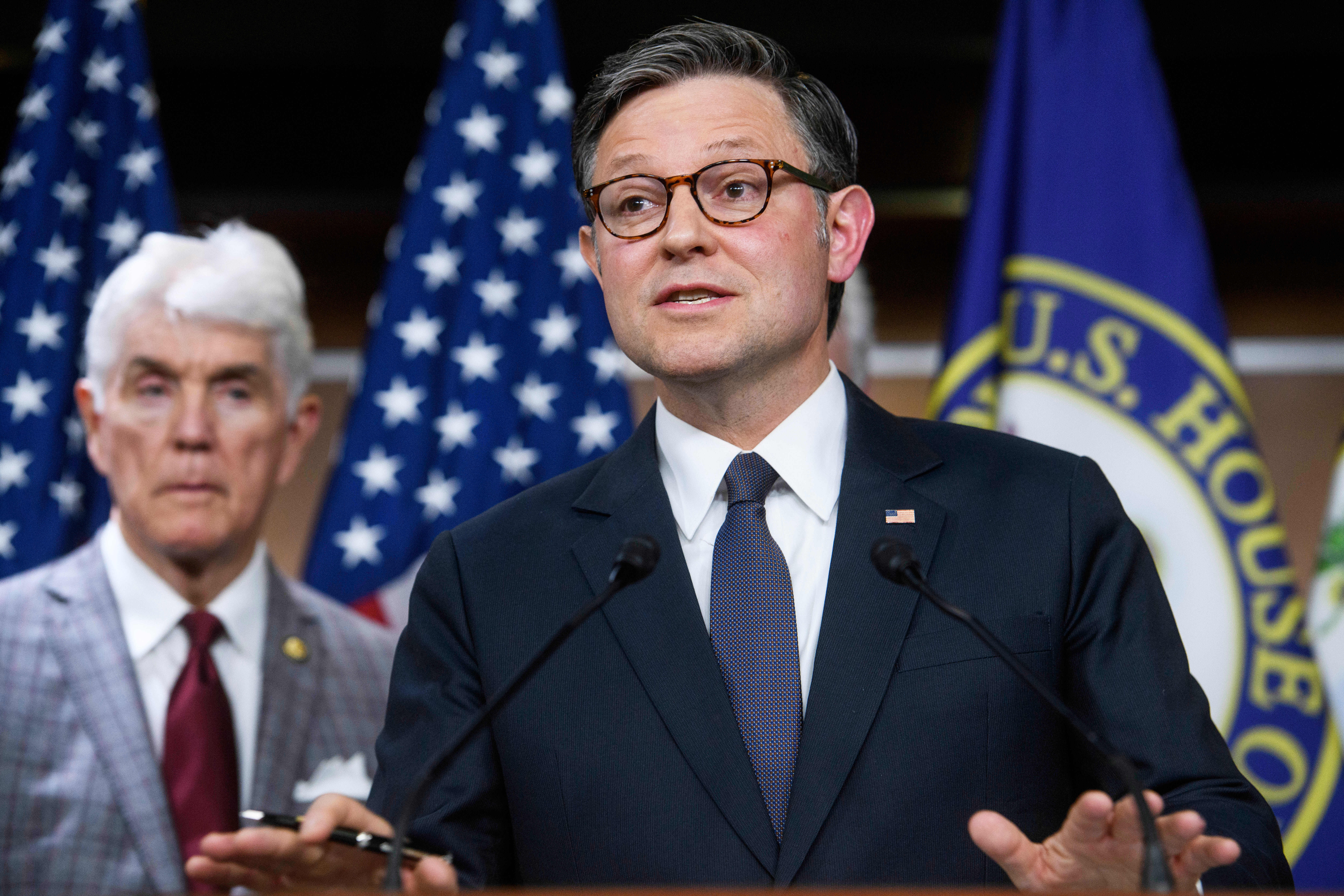 FiLE - Speaker of the House Mike Johnson, R-La., speaks during a news conference at the Capitol, May 6, 2025, in Washington. (AP Photo/Rod Lamkey, Jr., File)