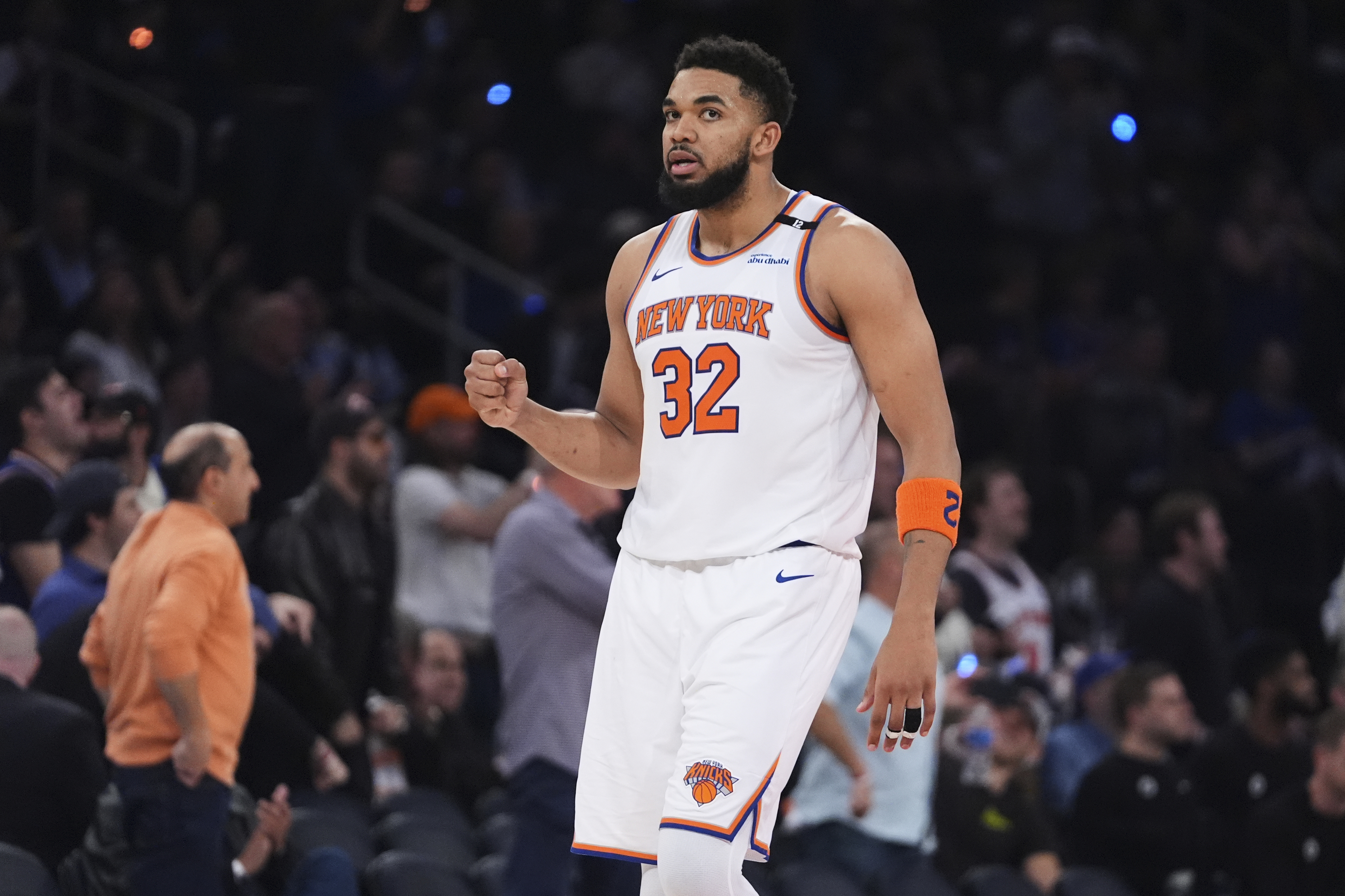 New York Knicks' Karl-Anthony Towns (32) celebrates during the second half of Game 6 in the Eastern Conference semifinals of the NBA basketball playoffs against the Boston Celtics Friday, May 16, 2025, in New York. (AP Photo/Frank Franklin II)