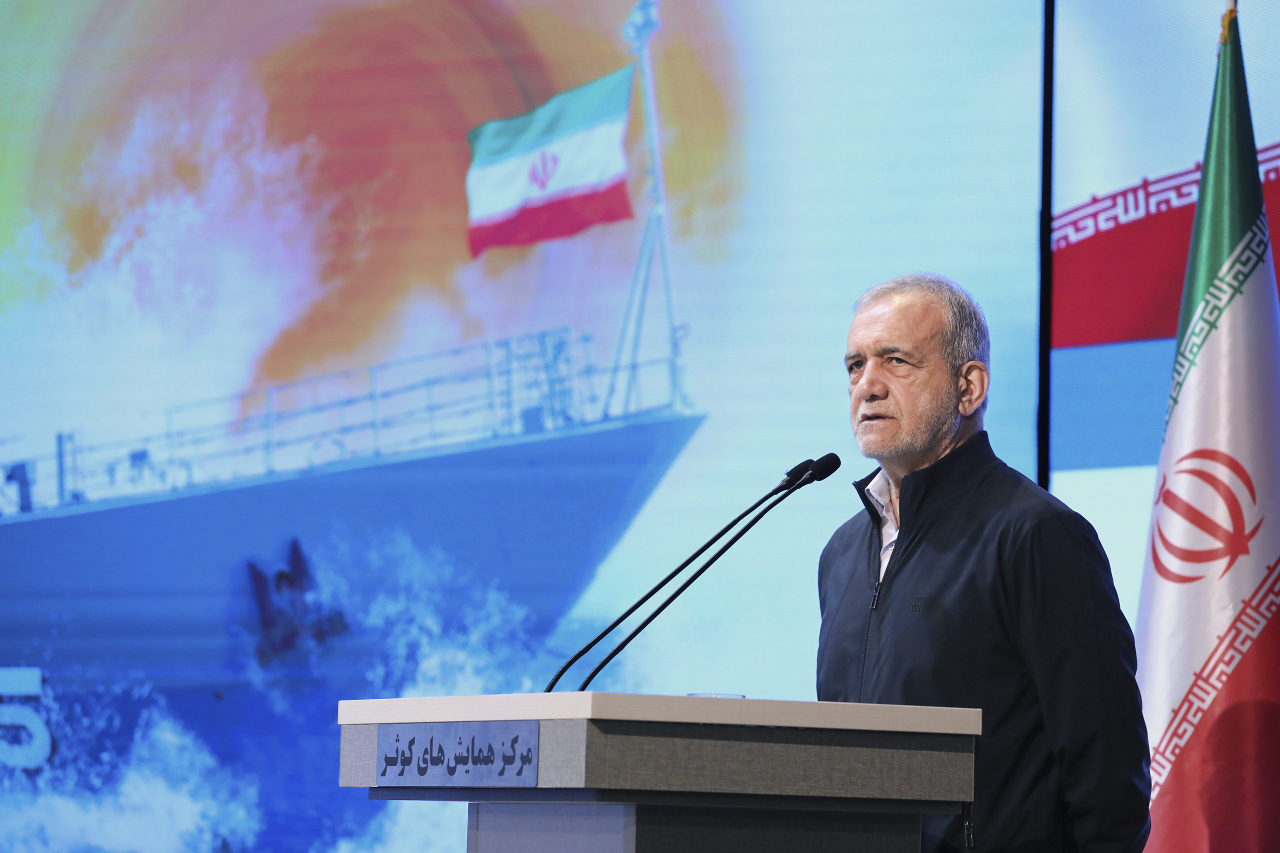In this photo released by the Iranian Presidency Office, President Masoud Pezeshkian speaks to navy officials, in Tehran, Iran, Saturday, May 17, 2025. (Iranian Presidency Office via AP)
