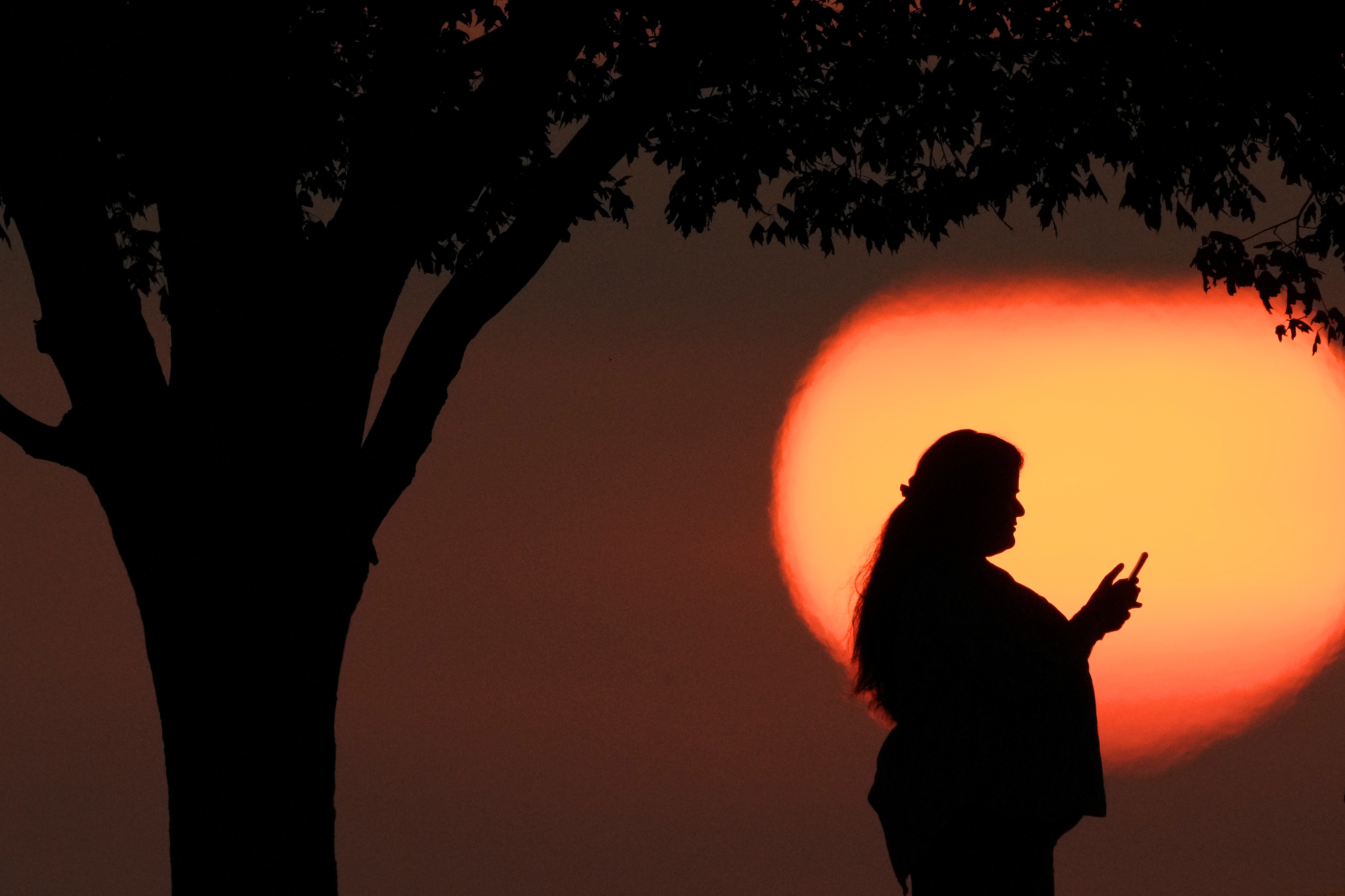 FILE - A woman looks at her phone while watching the sun set in Kansas City, Mo., on Sunday, Aug. 20, 2023. (AP Photo/Charlie Riedel, File)