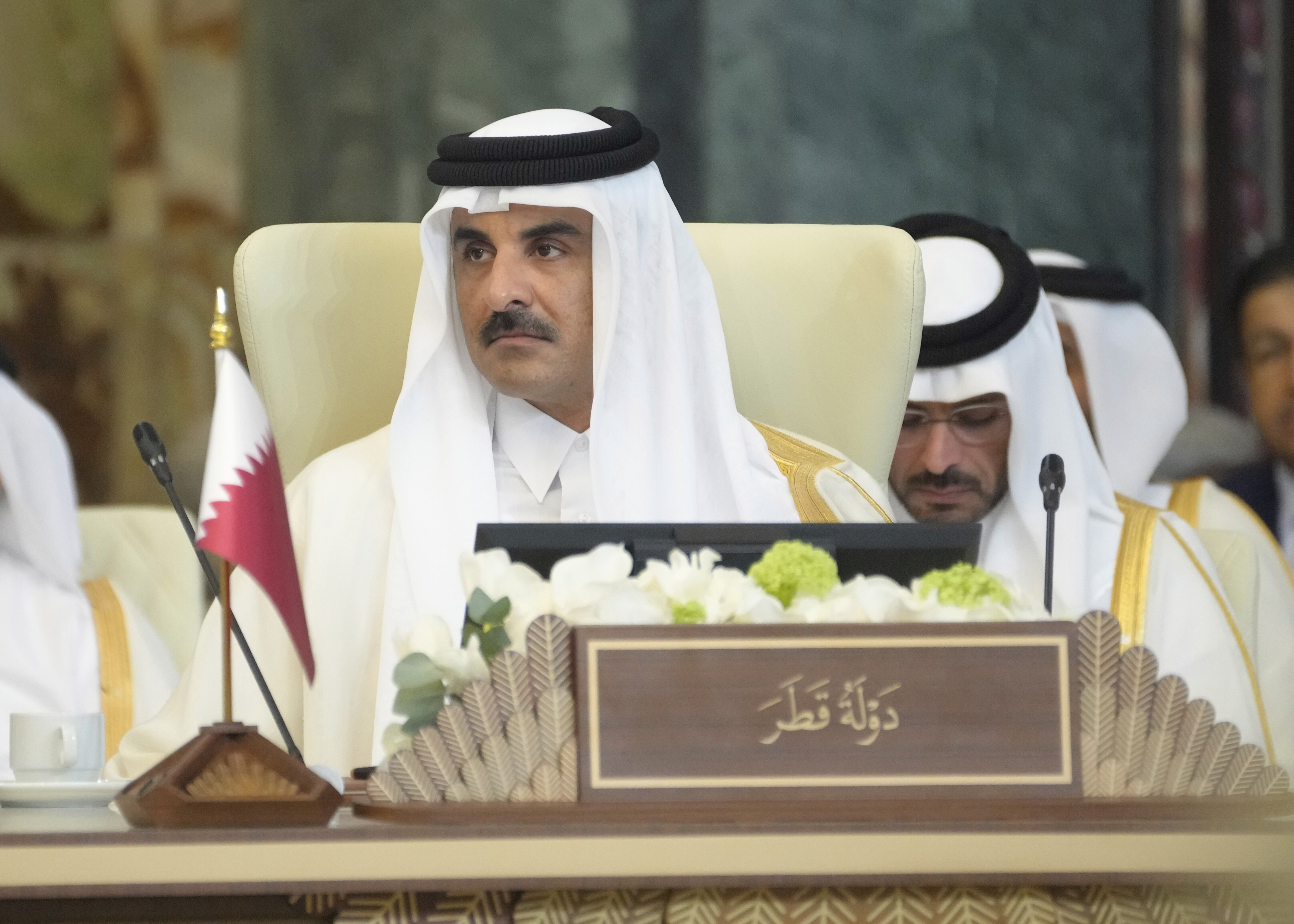 Emir of Qatar Sheikh Tamim bin Hamad Al Thani attends the 34th Arab League summit, in Baghdad, Iraq, Saturday, May 17, 2025. (AP Photo/Hadi Mizban)