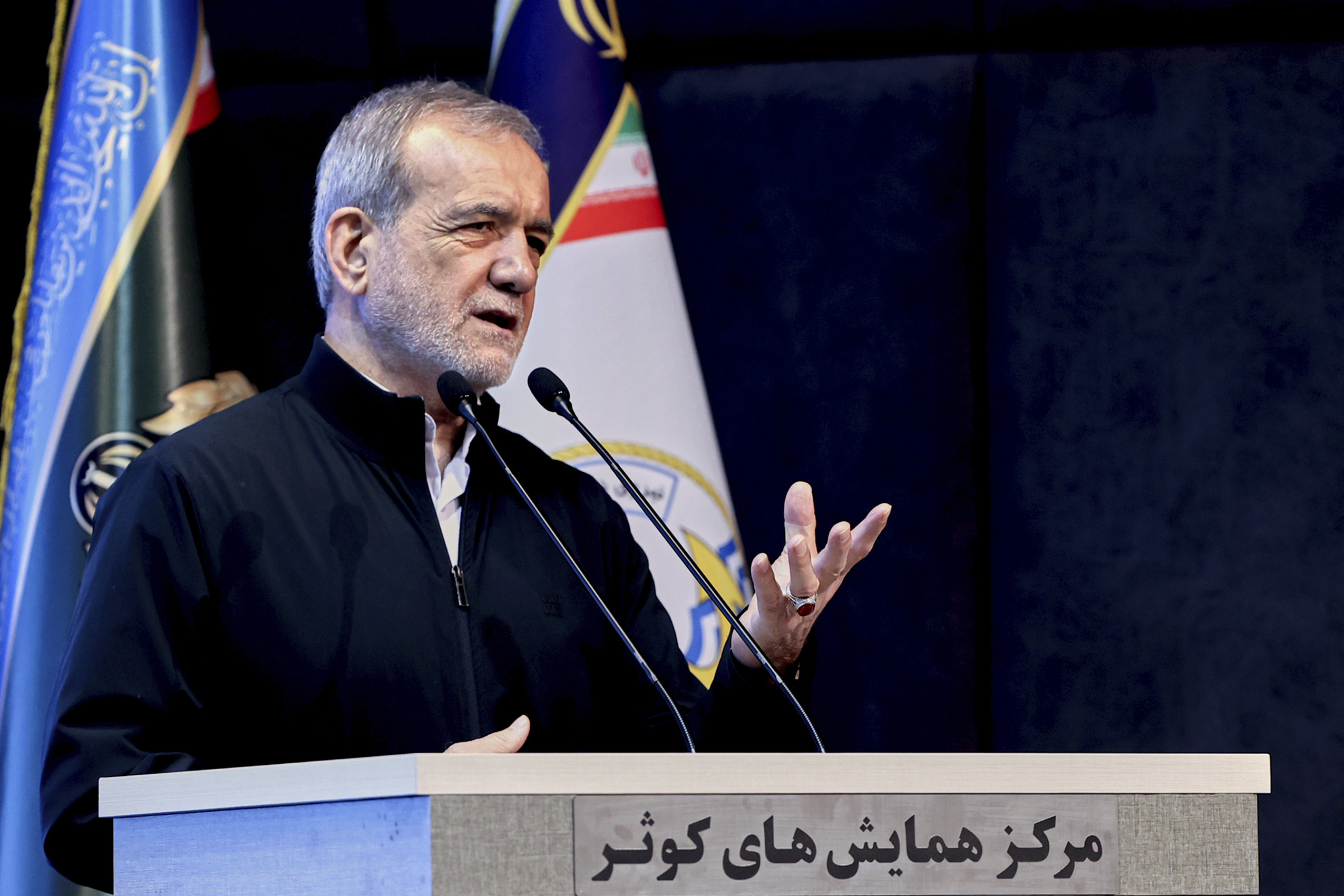 In this photo released by the Iranian Presidency Office, President Masoud Pezeshkian speaks to navy officials, in Tehran, Iran, Saturday, May 17, 2025. (Iranian Presidency Office via AP)