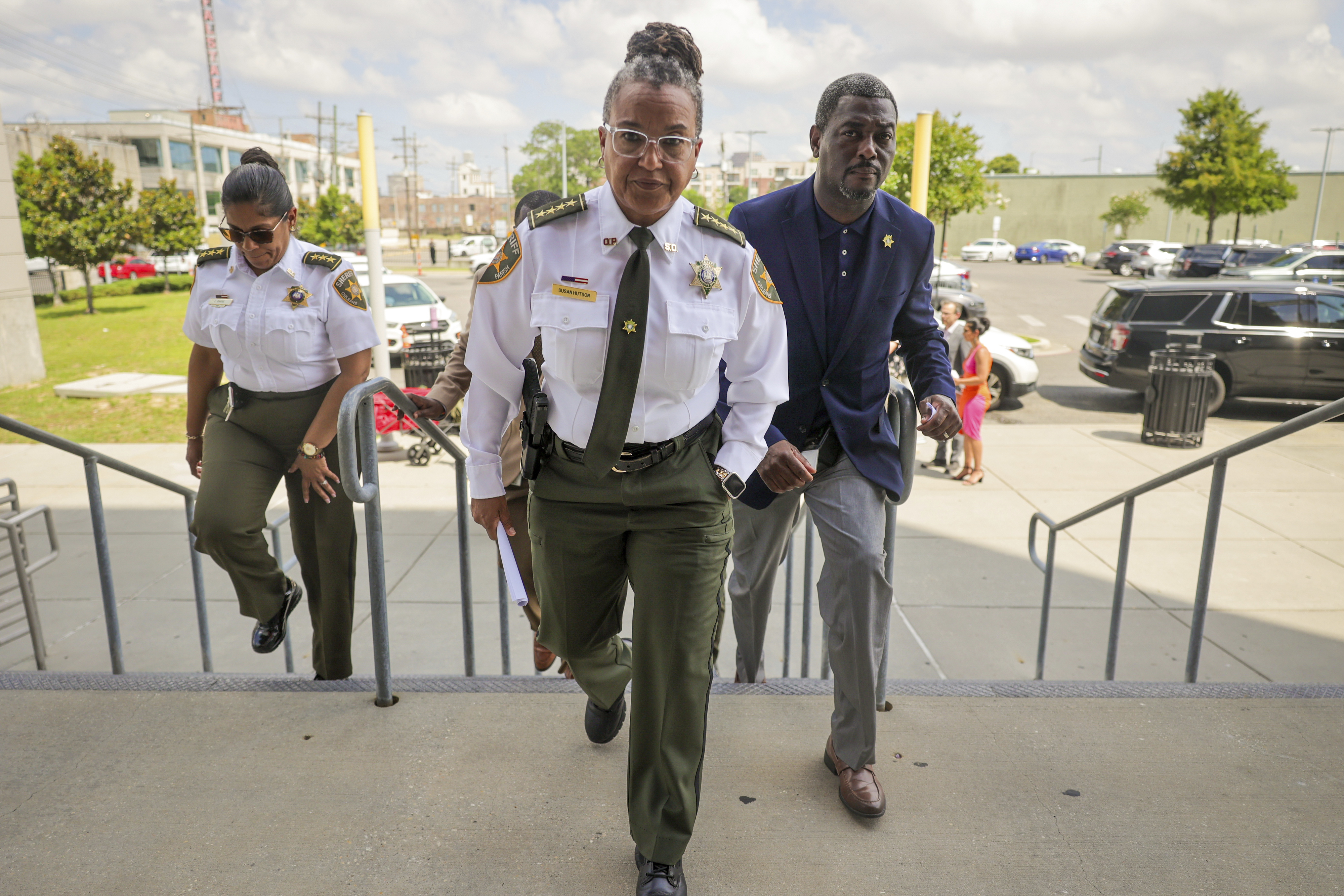 Orleans Parish Sheriff Susan Hutson leaves a news conference in New Orleans on Friday, May 16, 2025, after inmates escaped from the Orleans Justice Center jail. (Brett Duke/The Advocate via AP)