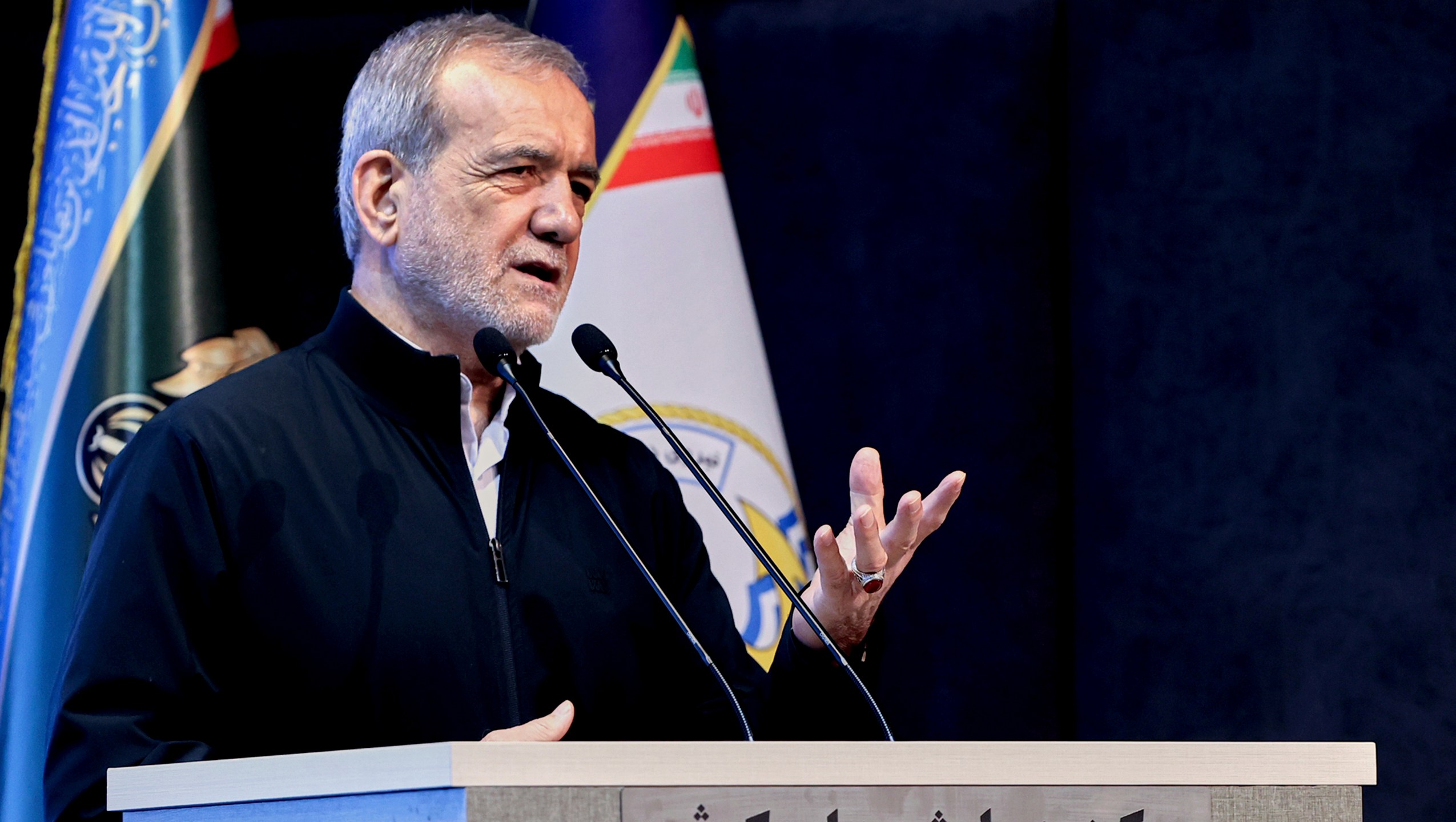In this photo released by the Iranian Presidency Office, President Masoud Pezeshkian speaks to navy officials, in Tehran, Iran, Saturday, May 17, 2025. (Iranian Presidency Office via AP)