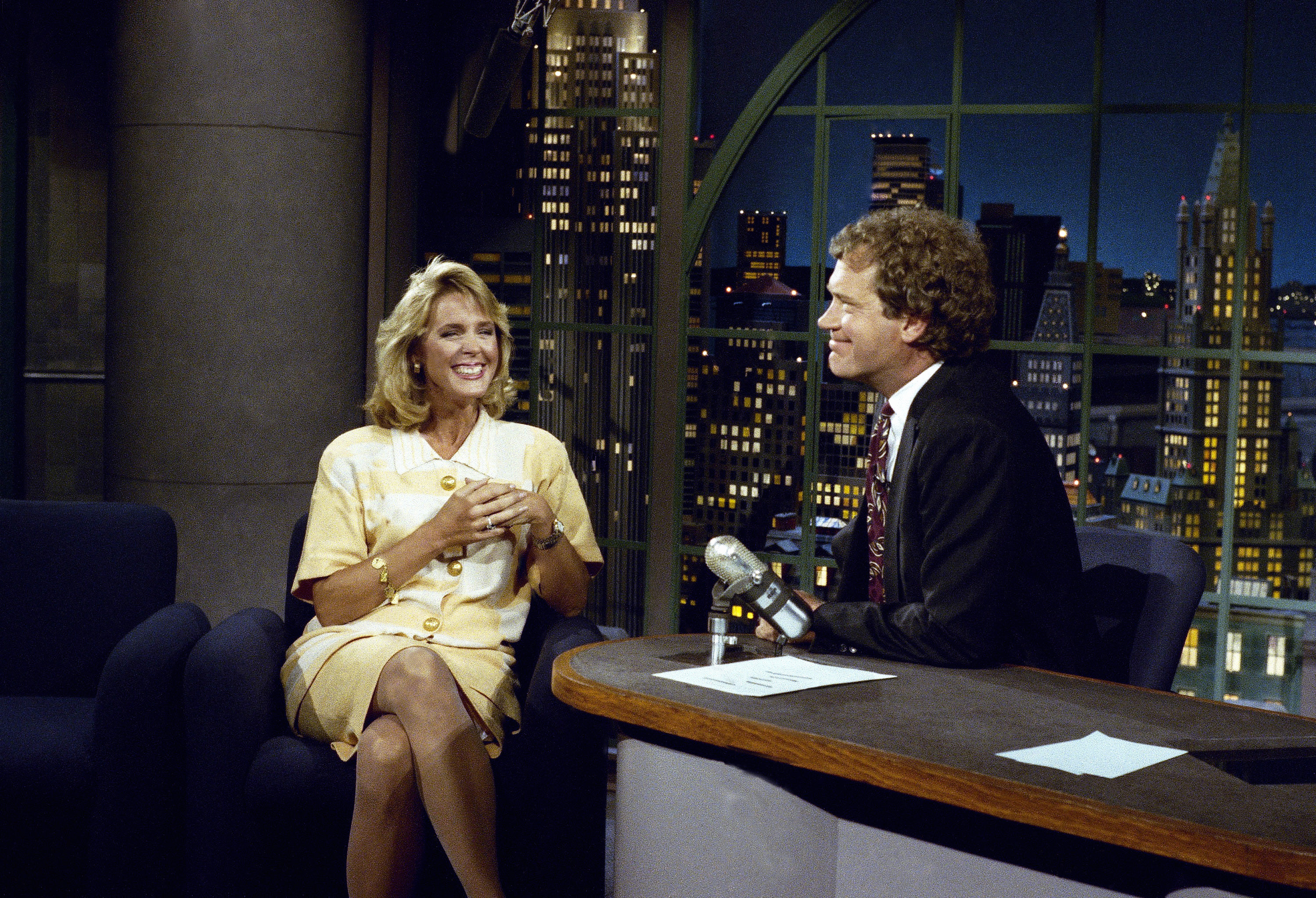 FILE - NBC "Today" show anchor Deborah Norville visited with host David Letterman on "Late Night with David Letterman," September 5, 1990, in New York. (AP Photo, File)