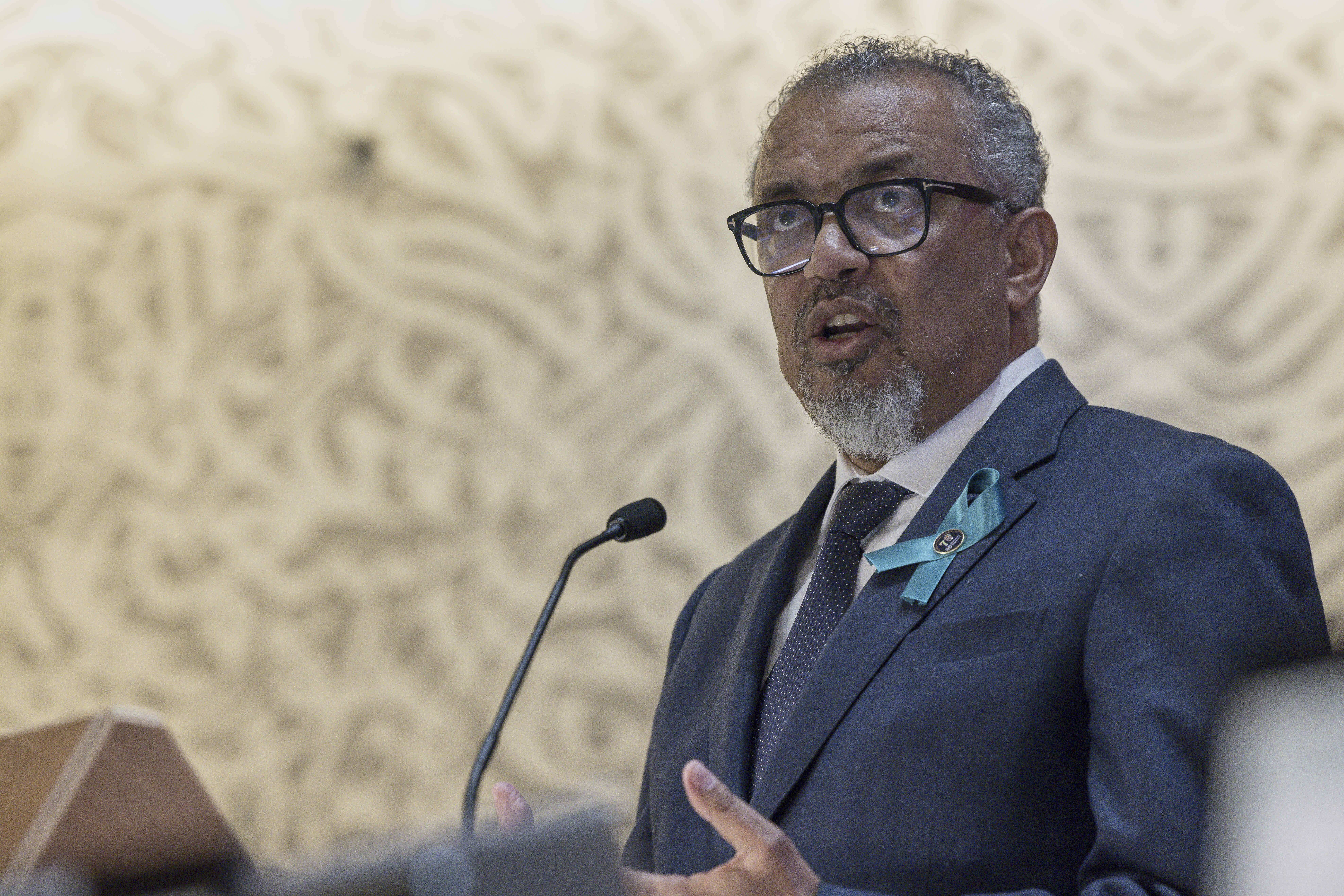 Director General of the World Health Organization (WHO) Tedros Adhanom Ghebreyesus delivers his statement, during the opening of the 78th World Health Assembly at the European headquarters of the United Nations in Geneva, Switzerland, Monday, May 19, 2025. (Magali Girardin/Keystone via AP)