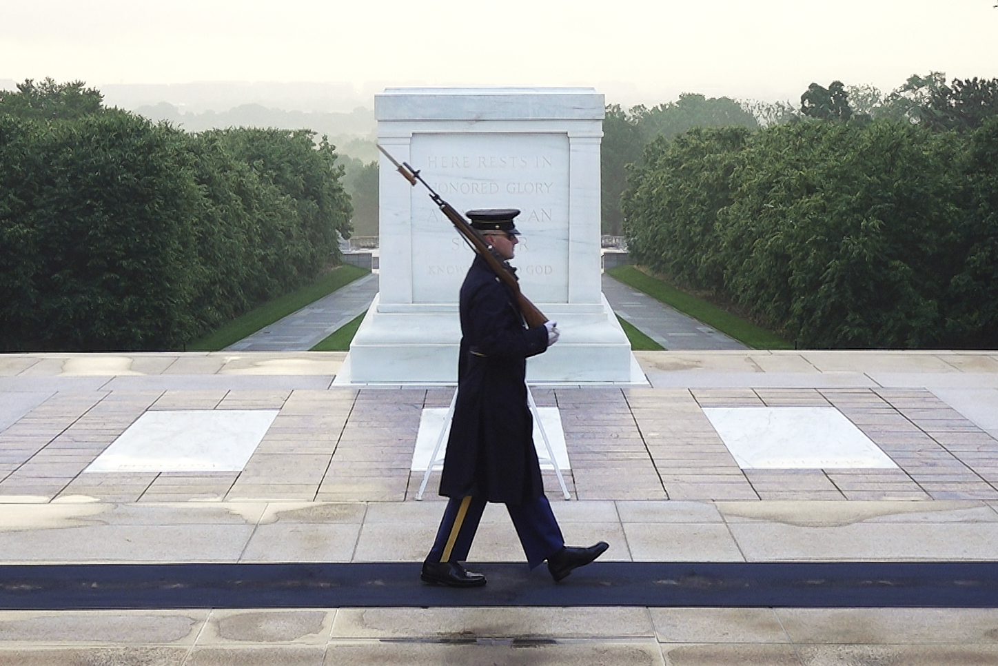 Army Sgt. 1st Class Andrew Jay patrols the Tomb of the Unknown Soldier, Thursday, May 15, 2025, at Arlington National Cemetery in Arlington, Va. (AP Photo/Mike Pesoli)