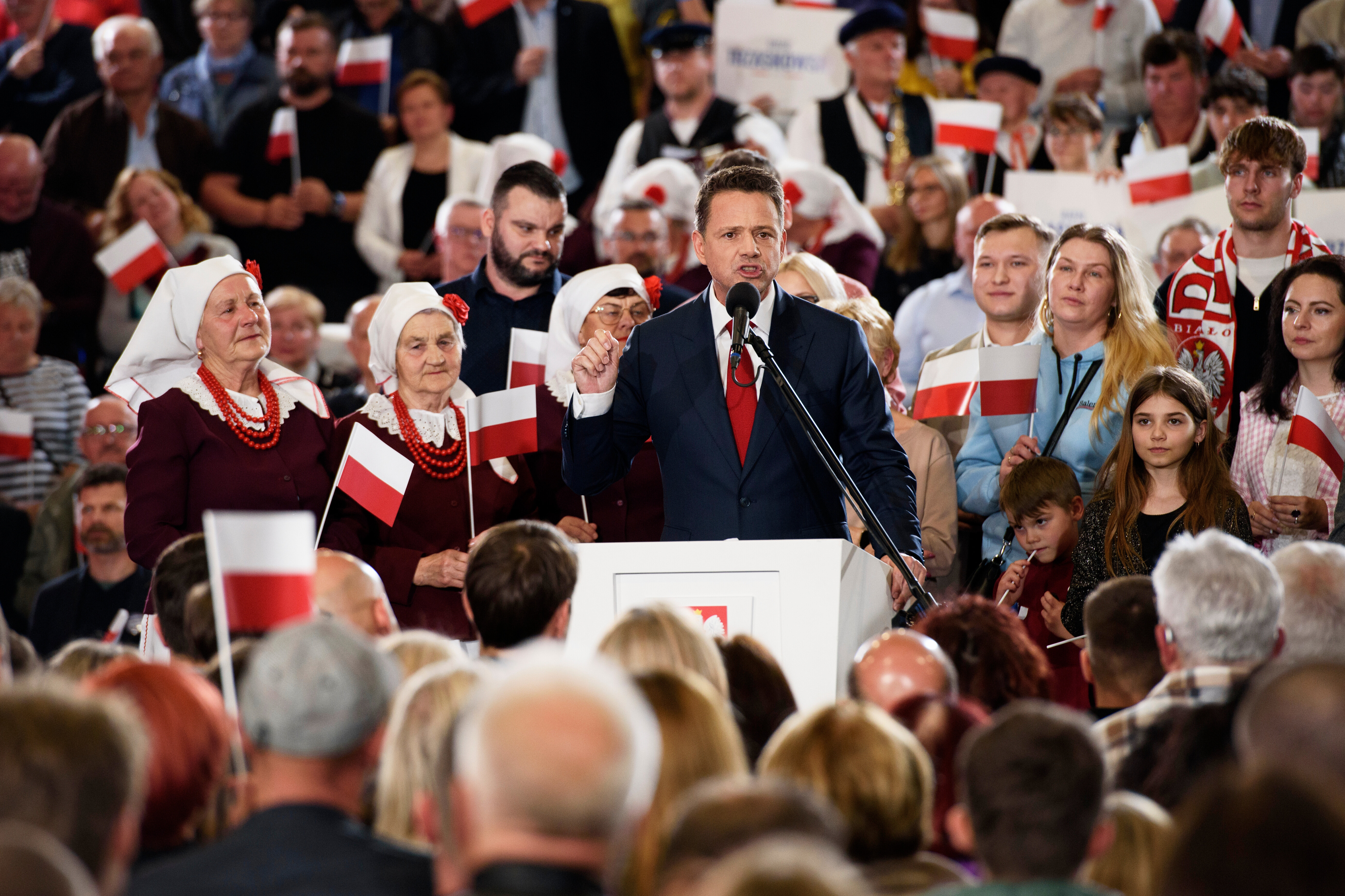 Warsaw's Mayor and presidential candidate Rafal Trzaskowski celebrates exit poll results during the presidential election night in Sandomierz, Poland, Sunday, May 18, 2025. (AP Photo/Aleksander Kalka)