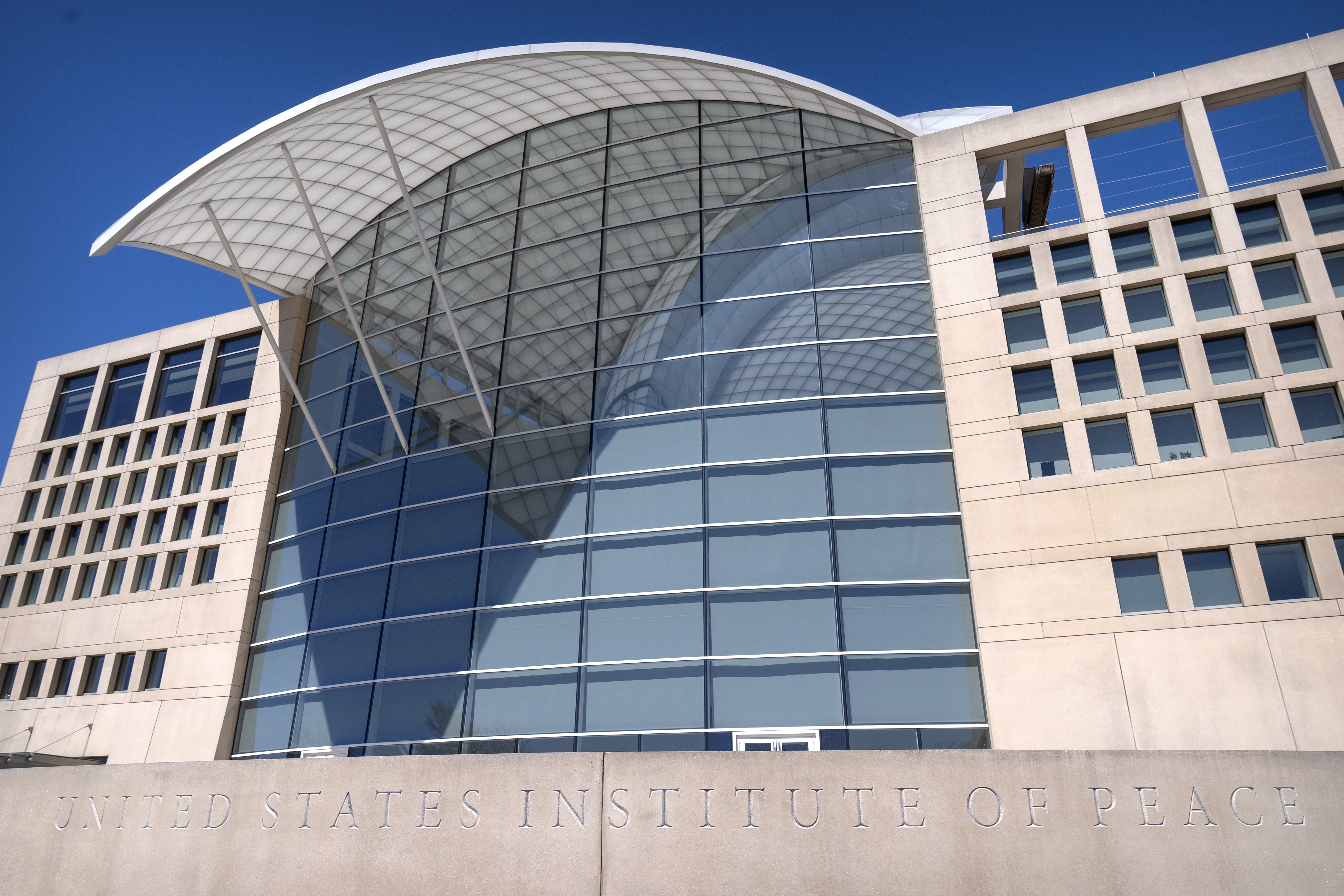FILE - The headquarters of the United States Institute of Peace is seen, March 18, 2025, in Washington. (AP Photo/Mark Schiefelbein, File)