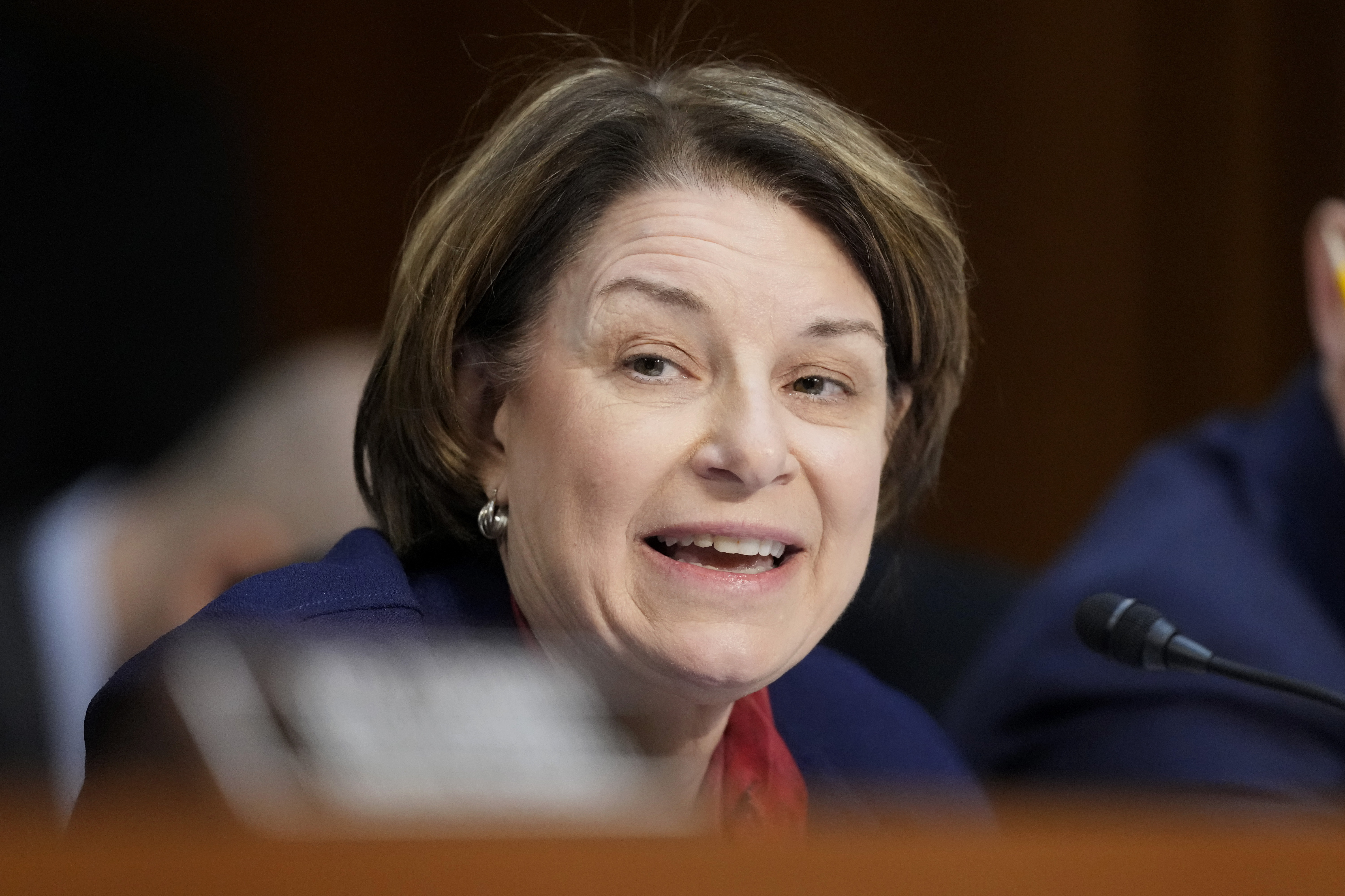 FILE - Sen. Amy Klobuchar, D-Minn., speaks during a confirmation hearing before the Senate Judiciary Committee for Kash Patel, President Donald Trump's choice to be director of the FBI, at the Capitol in Washington, Jan. 30, 2025. (AP Photo/Ben Curtis, File)